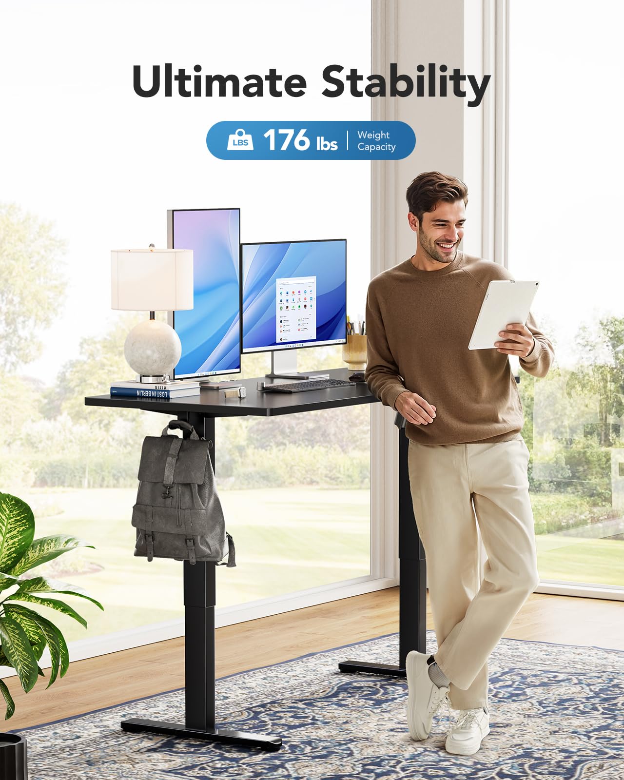 HUANUO Electric Standing Desk, Whole Piece Desktop, Adjustable Height Computer Desks, 4 Height Memory Settings, Sit Stand Up Desk for Home Office, 48" x 24", Black