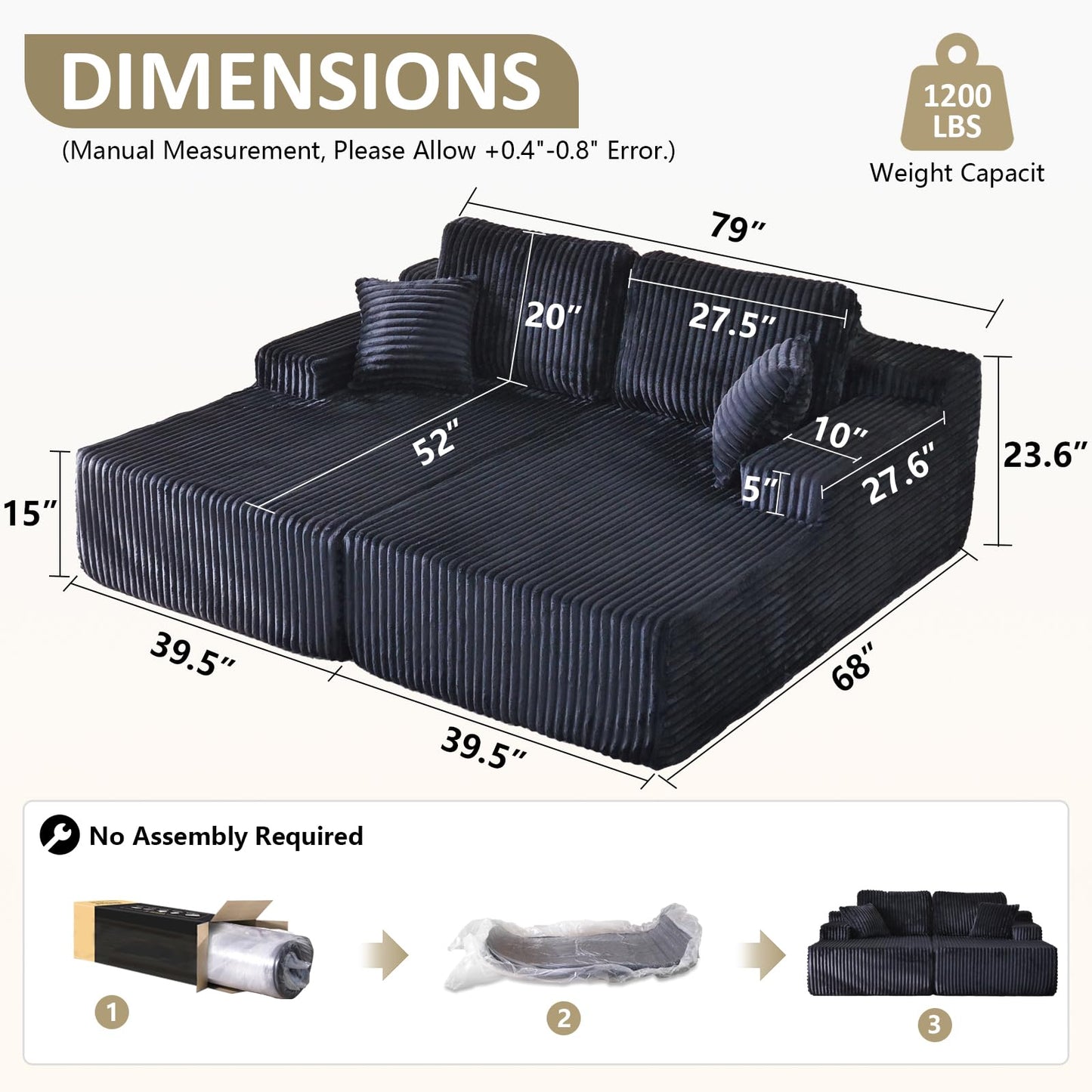 WHGBJA Oversized 79” Double Chaise Lounge Sofa Bed, Deep Seat Corduroy Cloud Loveseat Chair, No Assembly, Plush Upholstered Sleeper for Living Room or Bedroom (Dark Black)