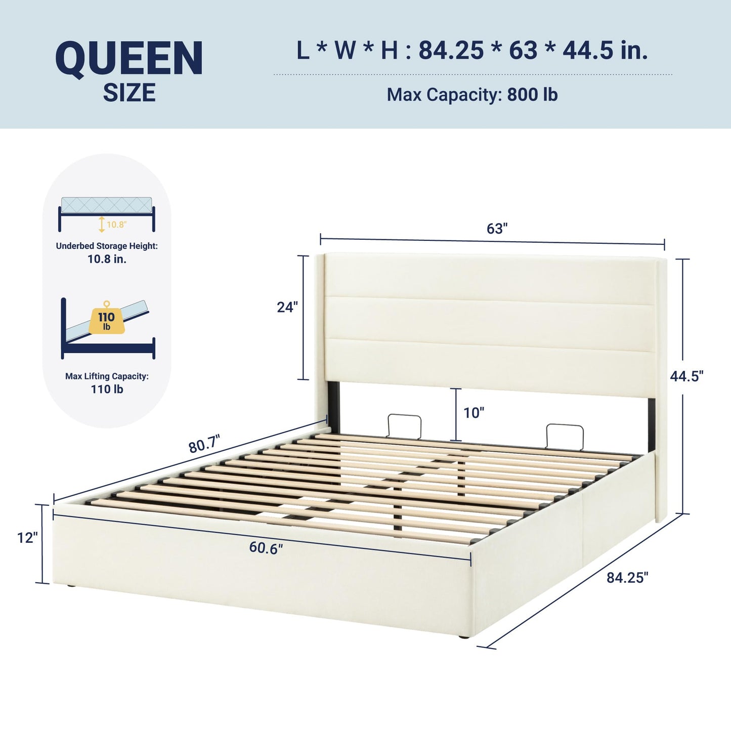 Allewie Queen Size Lift Up Storage Bed, Chenille Fabric Upholstered, Modern Wingback Headboard, Hydraulic Support, No Box Spring Needed, Cream White