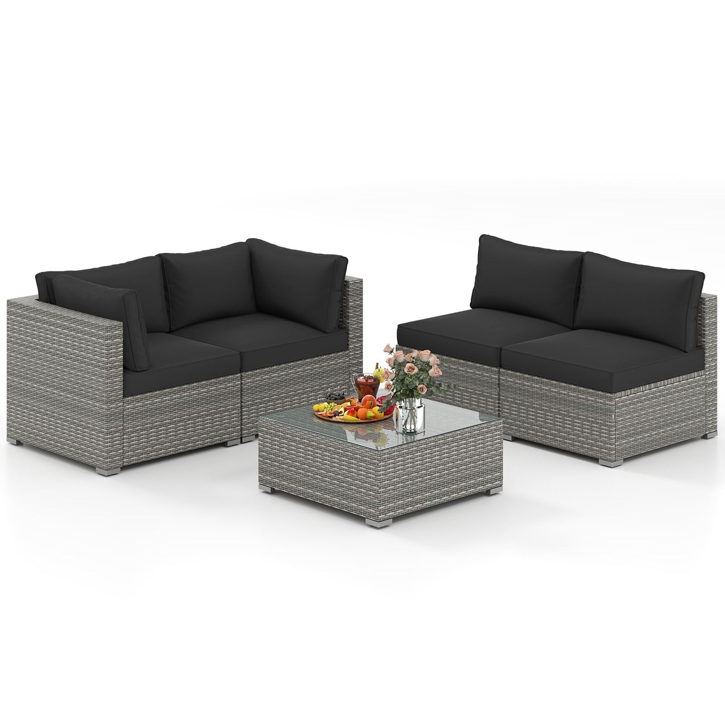 Tangkula 5-Piece Outdoor Patio Sectional Sofa Couch, PE Rattan Conversation Set w/Glass Coffee Table & Cushions, Outdoor Furniture Set w/Sturdy Metal Frame for Garden Poolside Backyard