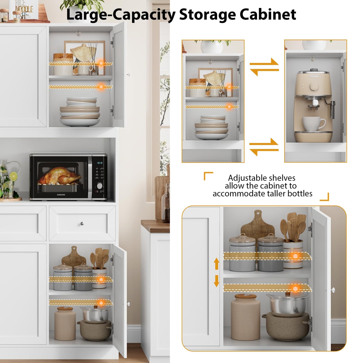 BOTLOG 72" Kitchen Pantry Cabinet, Kitchen Hutch with Microwave Stand, Buffet Cabinet with Hutch for Dining Room, White
