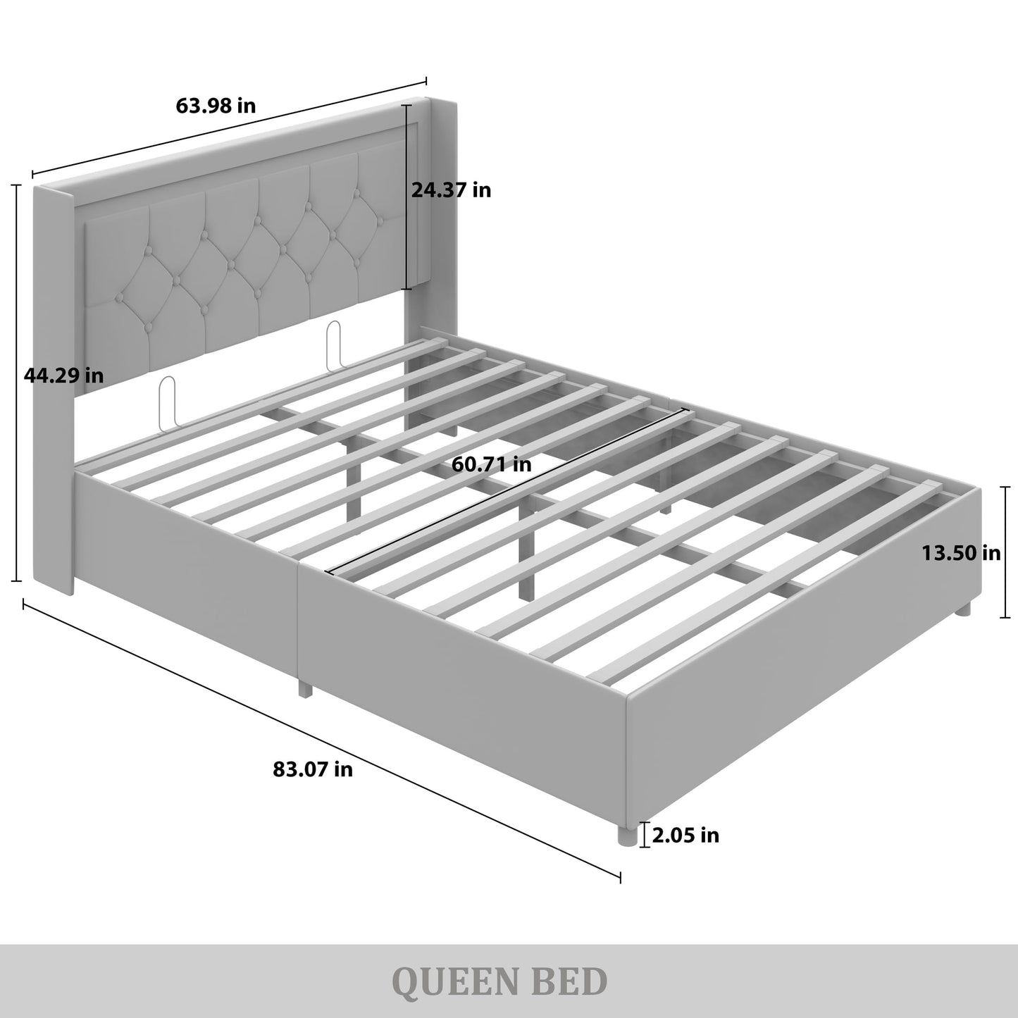 Castle Place Queen Wingback Velvet Upholstered Platform Lift-Up Storage Bed, Crystal Button Diamond Tufted and Diamond Strip Design, Light Grey