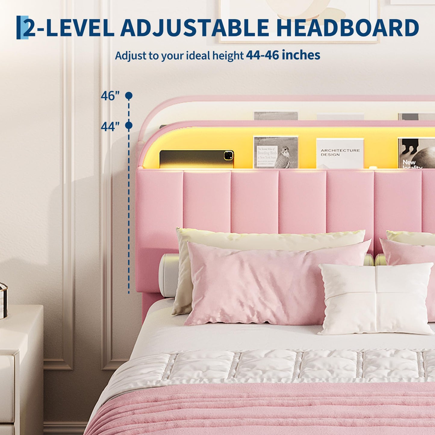 GarveeHome Twin Bed Frame with Storage Headboard, Kids Bed Frame with 2 Drawers, Velvet Upholstered Platform Bed Frame with Lights, No Box Spring Needed, Easy Assembly, Velvet Pink