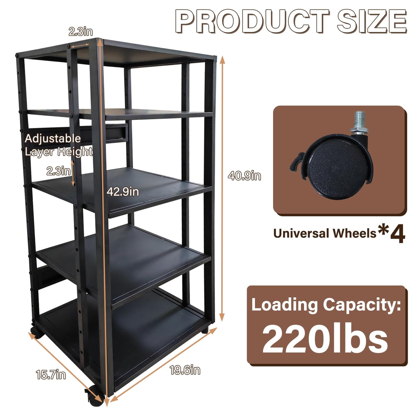 jvsufuik 5-Tier AV Media Stand with Wheels, Media Console Cabinet With Adjustable Shelves, Metal Audio Rack, Mobile Game Console Stand, Stereo Audio Cabinet For Record Player, Dvd, TV Box