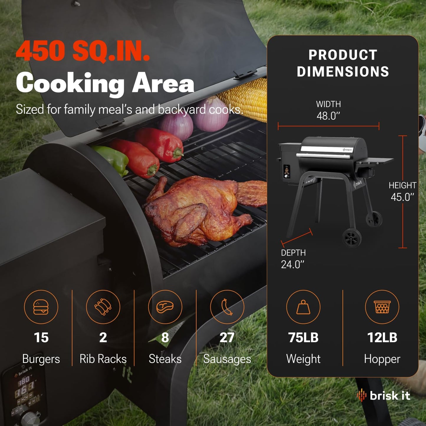 Brisk It Zelos-450 WiFi A.I. Electric Wood Pellet Smoker Grill - Smart Grill With Waterproof Cover– 450 sq.in Cooking Area,7-in-1 Outdoor Grill & Smoker, PID Controller (Up to 500°F), Meat Probe