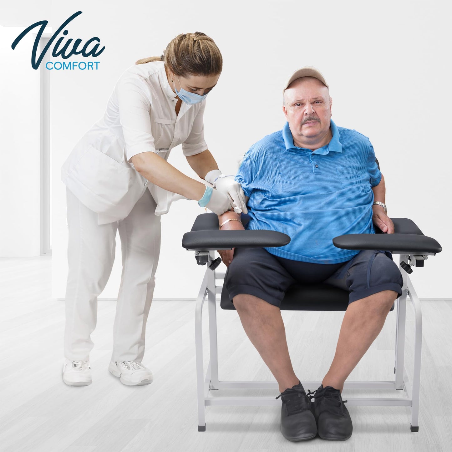 VivaComfort Black 500 lbs Weight Capacity Bariatric Wide Padded Blood Drawing Chair, Phlebotomy Chair with Adjustable Armrest, 35" H x 18" L x 29"W, Blood Draw Chair, Medical Chair