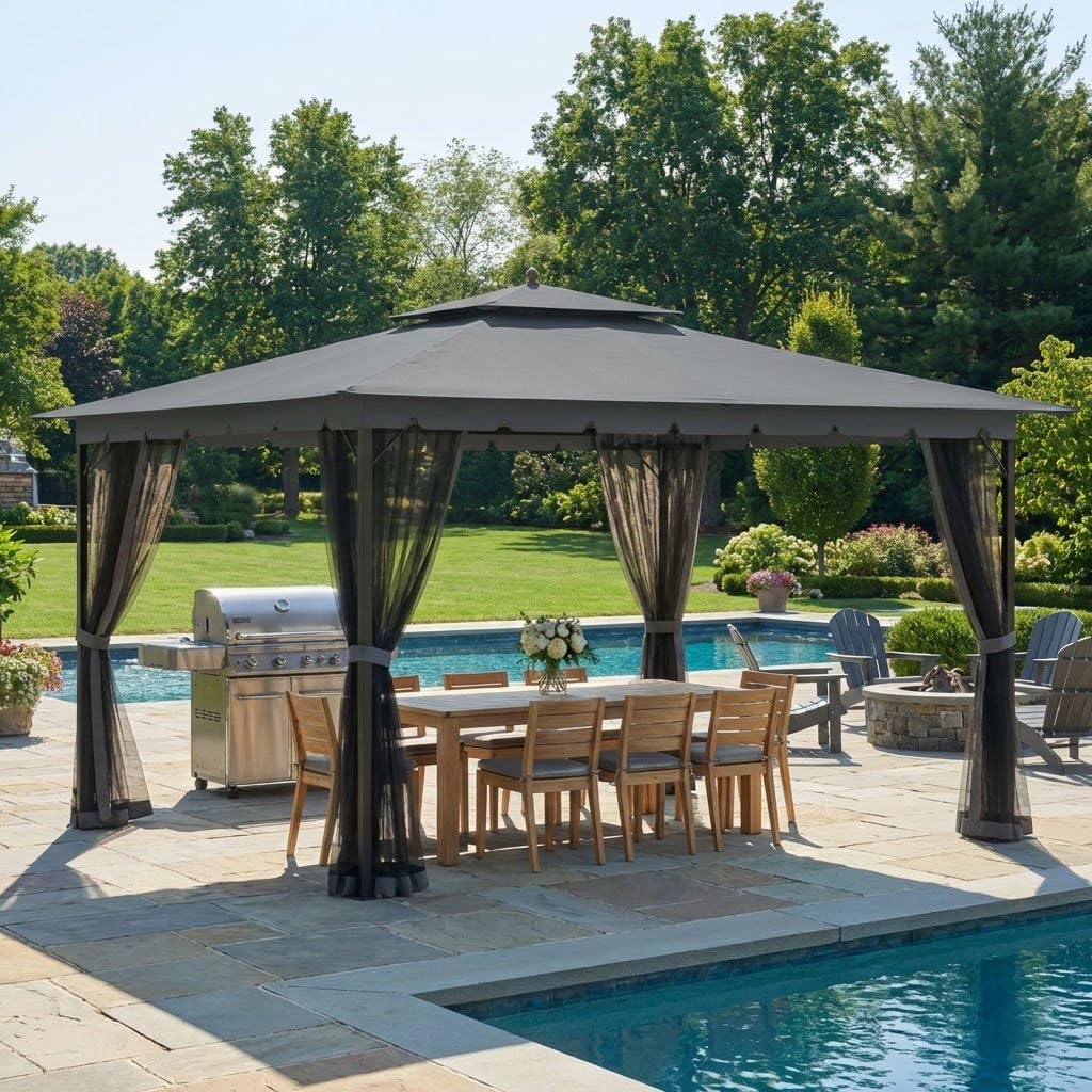 Bezseller 10x12 Outdoor Patio Gazebo with Powder-Coated Metal Frame - Stable Double-Tier Canopy with Zip Mesh Sidewalls for Backyard Dining & Entertaining, Grey