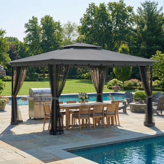 Bezseller 10x12 Outdoor Patio Gazebo with Powder-Coated Metal Frame - Stable Double-Tier Canopy with Zip Mesh Sidewalls for Backyard Dining & Entertaining, Grey