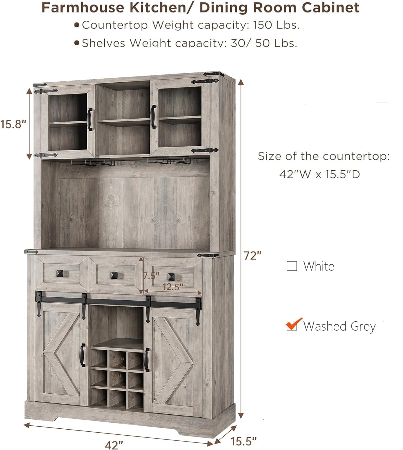 72 in Farmhouse Bar Cabinet with Sliding Barn Door, Tall Kitchen Buffet with Storage Hutch and 3 Drawer, Rustic Coffee Wine Bar Sideboard with Wine & Glasses Rack, for Living Room, Washed Grey