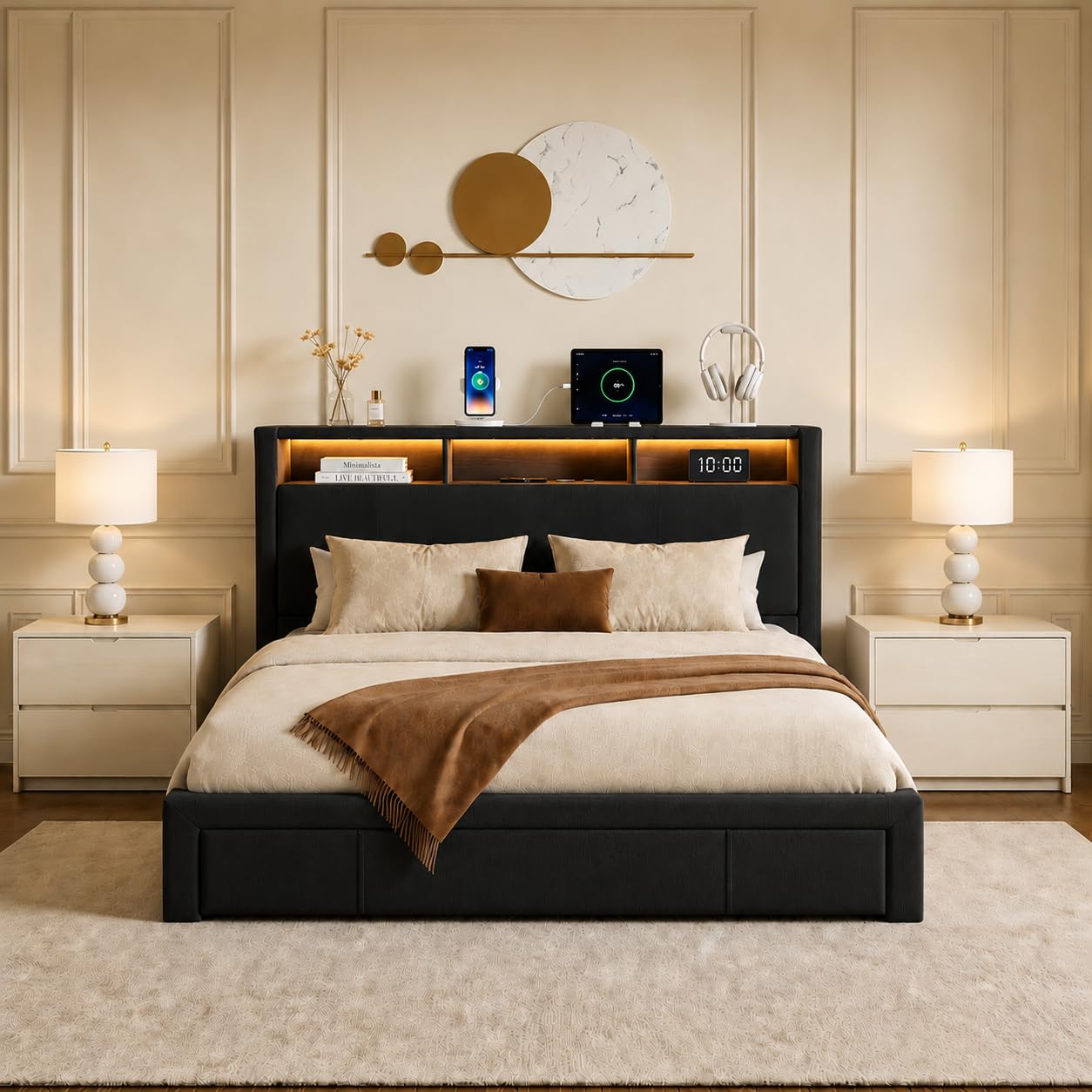 KEIKI Queen Size Upholstered Platform Bed Frame with Storage Headboard and Drawers, LED Bed Frame with Charging Station, Corduroy Mattress Foundation with Silent Slats, No Box Spring Needed