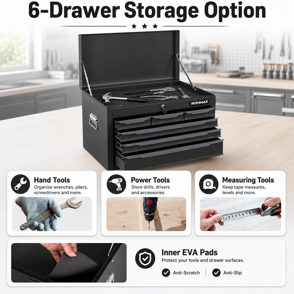 ARNOT Large Metal Tool Box, Tool Box with 6 Drawers & Top Tray, Heavy-Duty Steel Tool Chest with Auto-Locking Drawers and Side Handles for Garage & Workbench (Black)