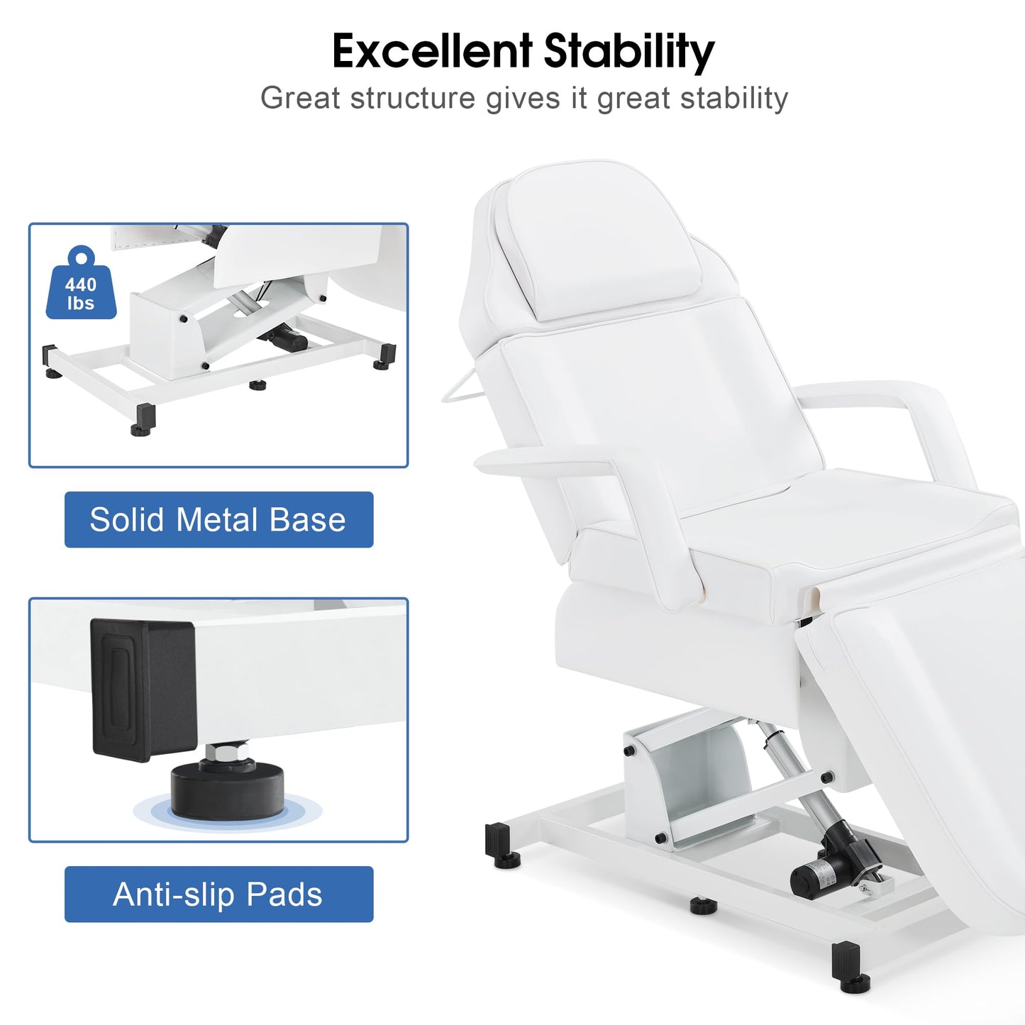 BarberPub 3-Motor Fully Electric Facial Bed, Height-Adjustable Esthetician Massage Table for Salon Spa, Reclining Tattoo Chair with Remote Control 2751 (White)