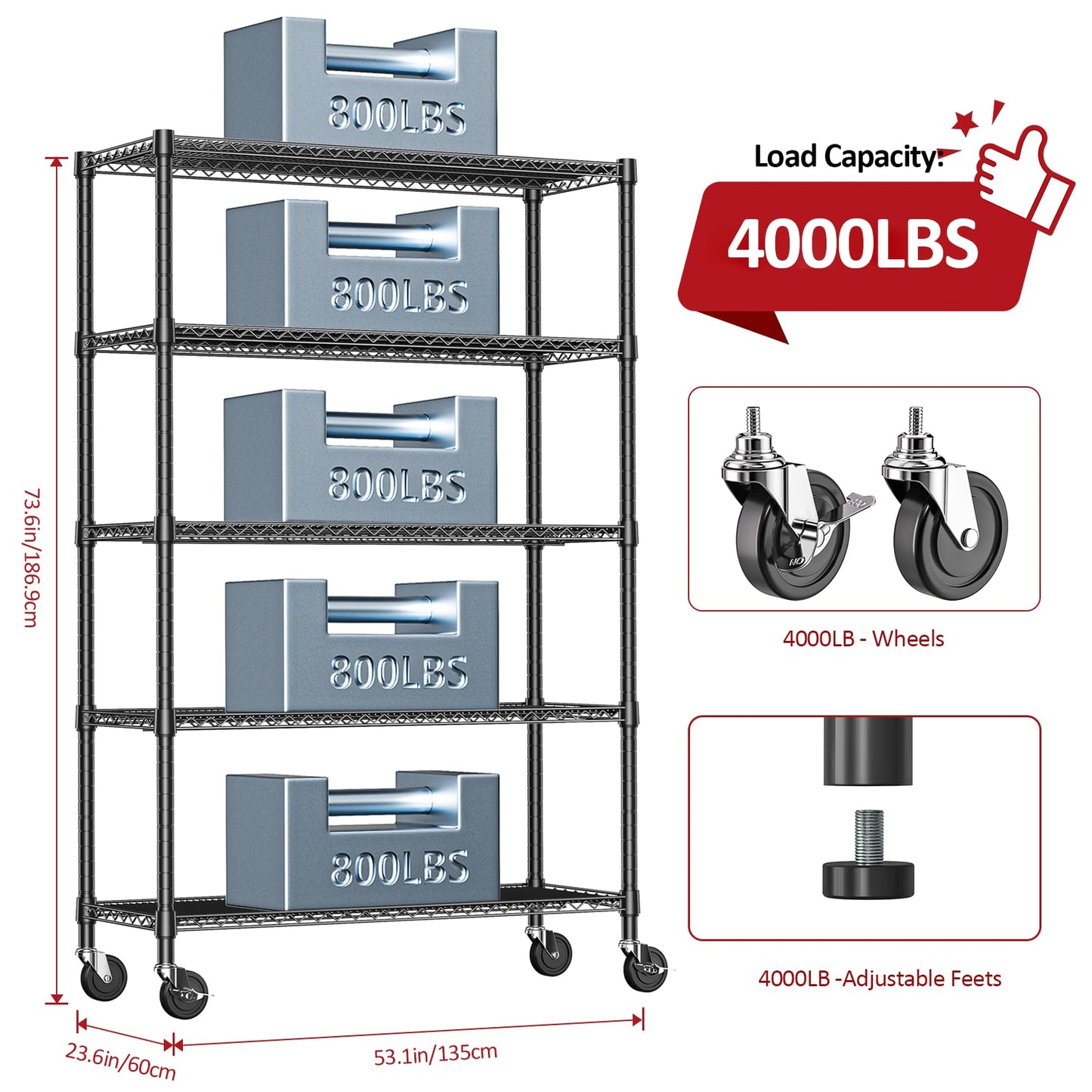 IZEUK Garage Shelving Wide Storage Shelves 5 Tier Metal Shelves 4000 LBS Heavy Duty Adjustable Utility Shelf Rack Black 23.6" D x 53.1" W x 73.6" H