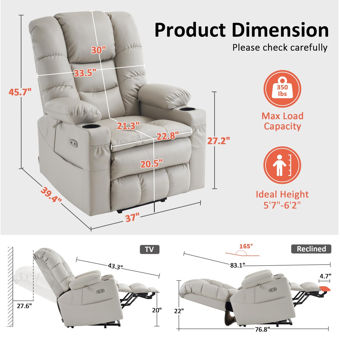 MCombo Triple Motor Power Lift Recliner Chair with Massage and Dual Heating, Adjustable Headrest for Tall Elderly People, Faux Leather 7634 (Light Grey, Large)