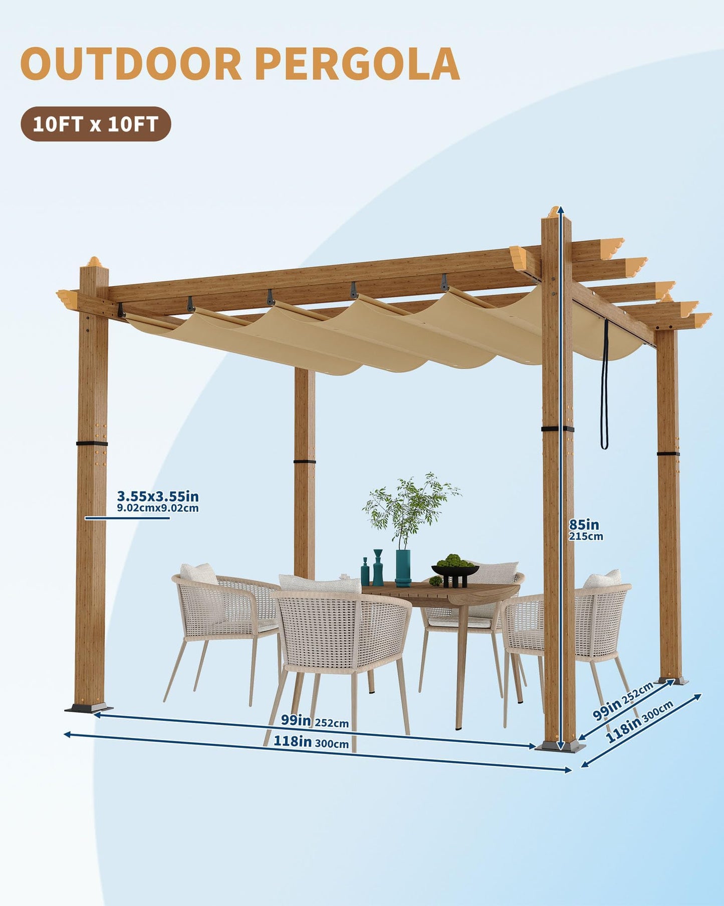 10x10 ft Aluminum Pergola with Adjustable Canopy, Outdoor Metal Pergola Shelter, Reinforced Rust-Resistant Frame, Waterproof Sunshade for Patio, Garden, Deck, Backyard, Khaki