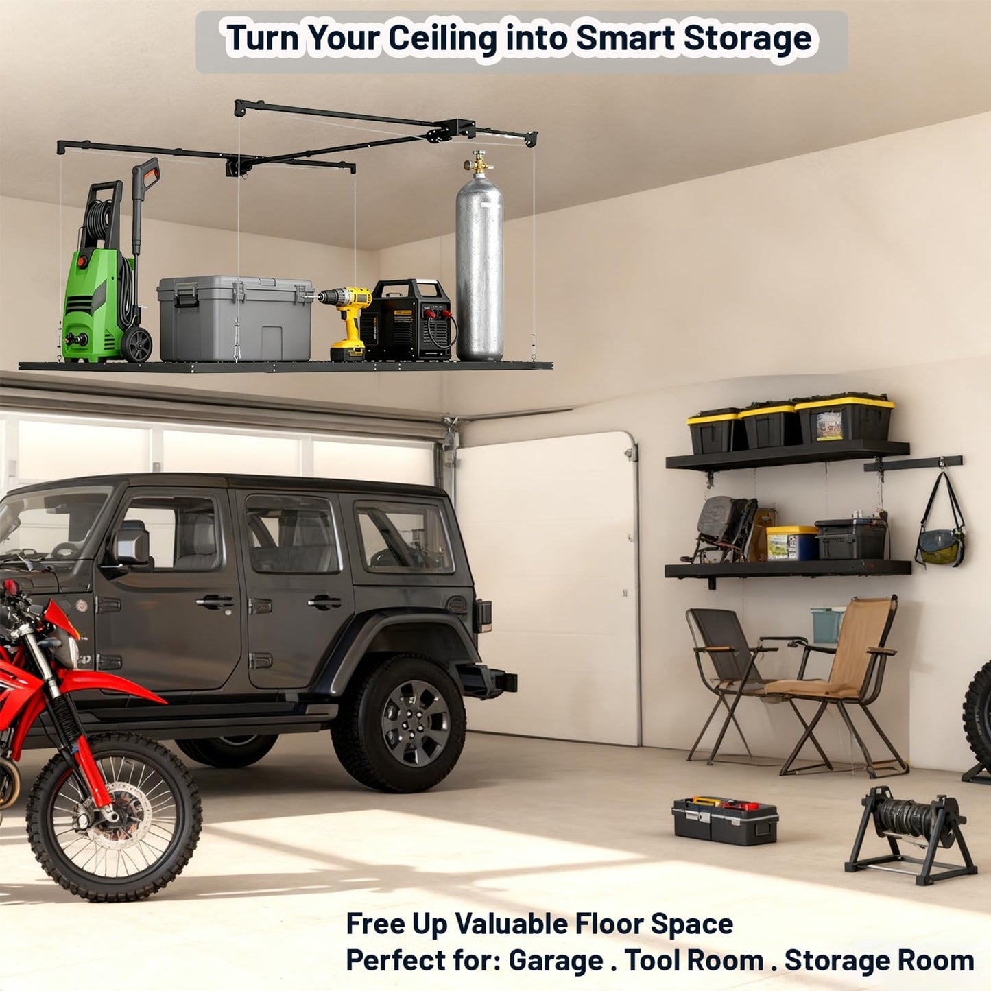 KIPPDURO 4×8 ft Heavy Duty Overhead Garage Storage Rack, 661 lbs Capacity with Safety Lock,Ceiling Mounted Storage Shelf, Steel Garage Ceiling Organizer for Garage, Basement, Warehouse (Black)