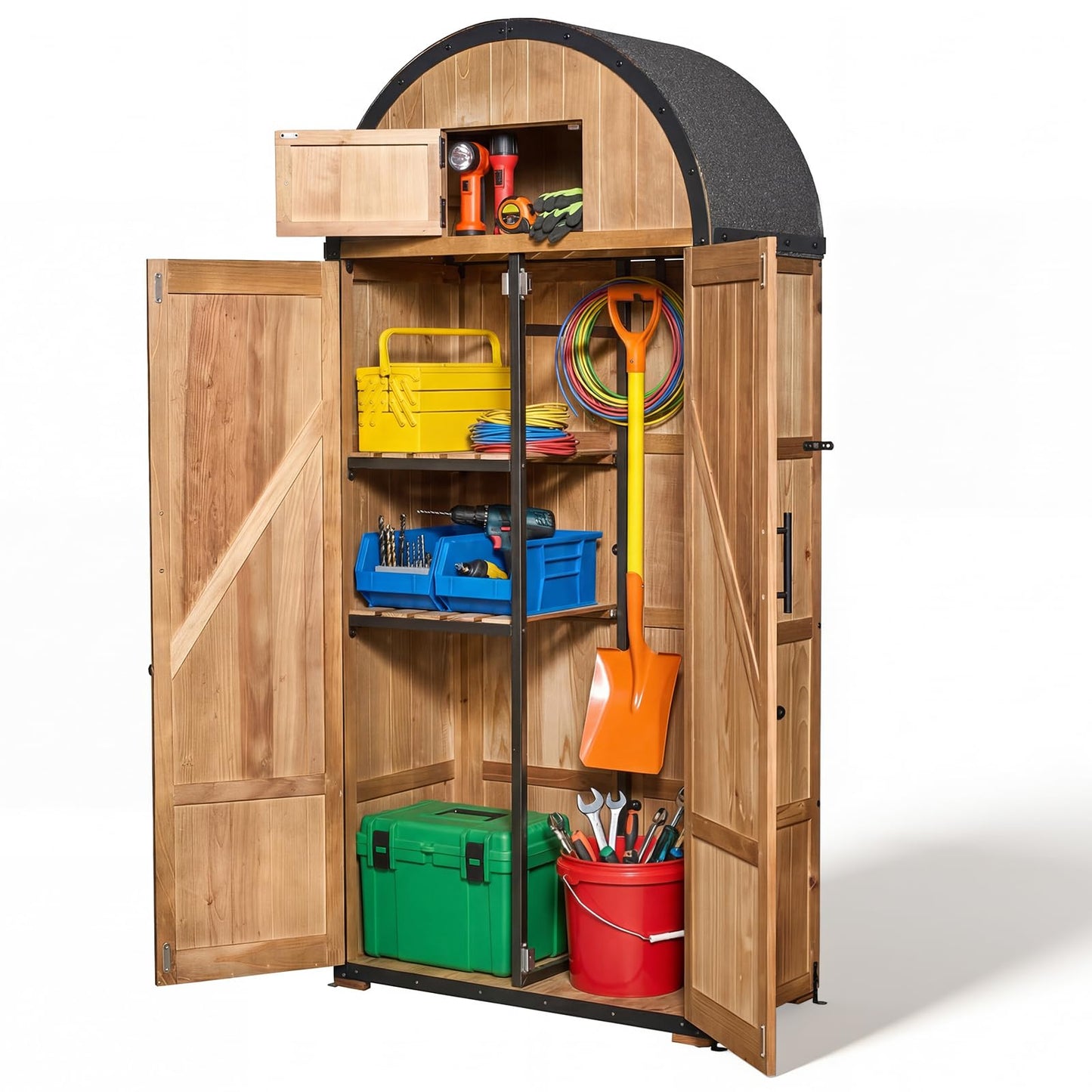 NORTHSKY All-in-One Shed Outdoor Storage, Waterproof Lockable Vertical Garden Shed Tool Cabinet, Solid Wood Storage Shed with Metal Frame & Domed Roof for Patio Backyard Garden Lawn Tool Equipment