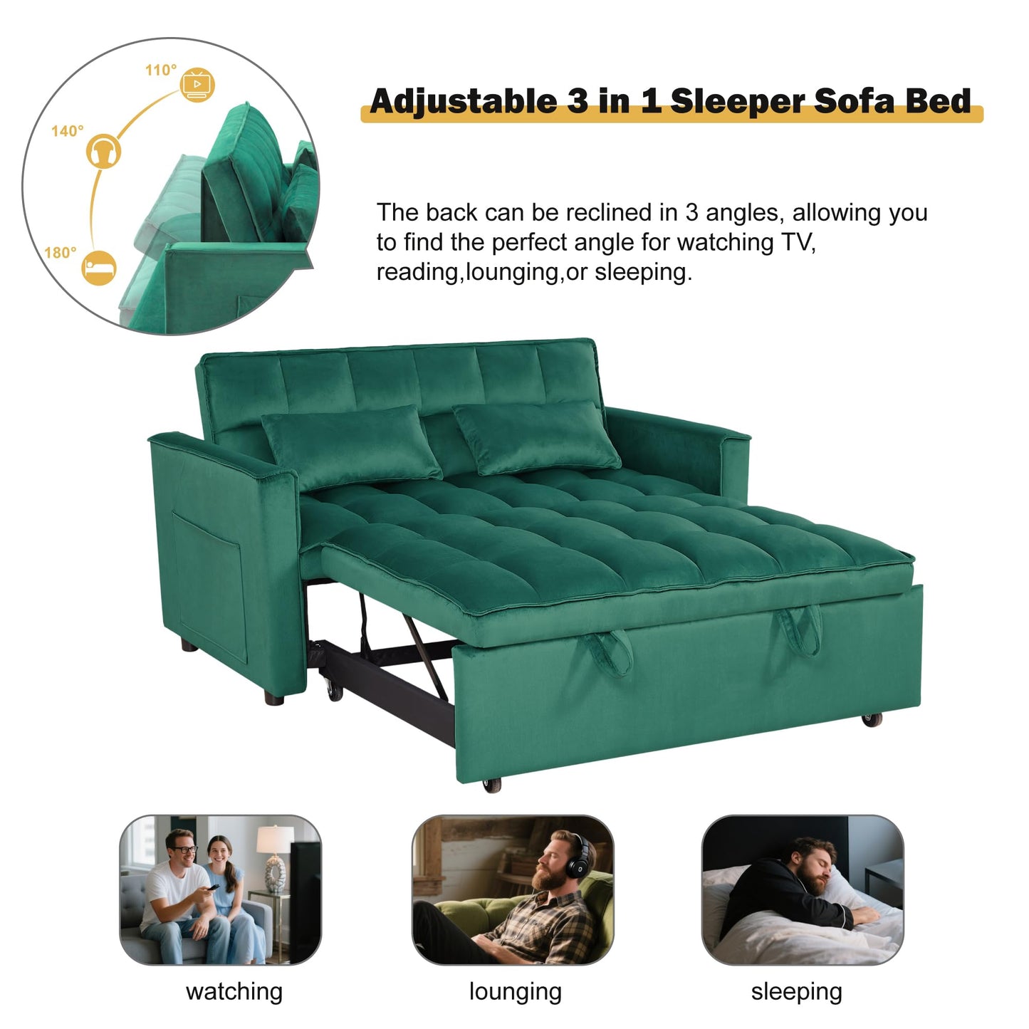 NicBex 3 in 1 Convertible Sofa Bed, Pull Out Couch Bed with Adjustable Backrest, Velvet Fabric Sleeper Sofa with Side Pocket, Loveseat Sleeper Sofa for Small Space, Living Room, Bedroom, Green
