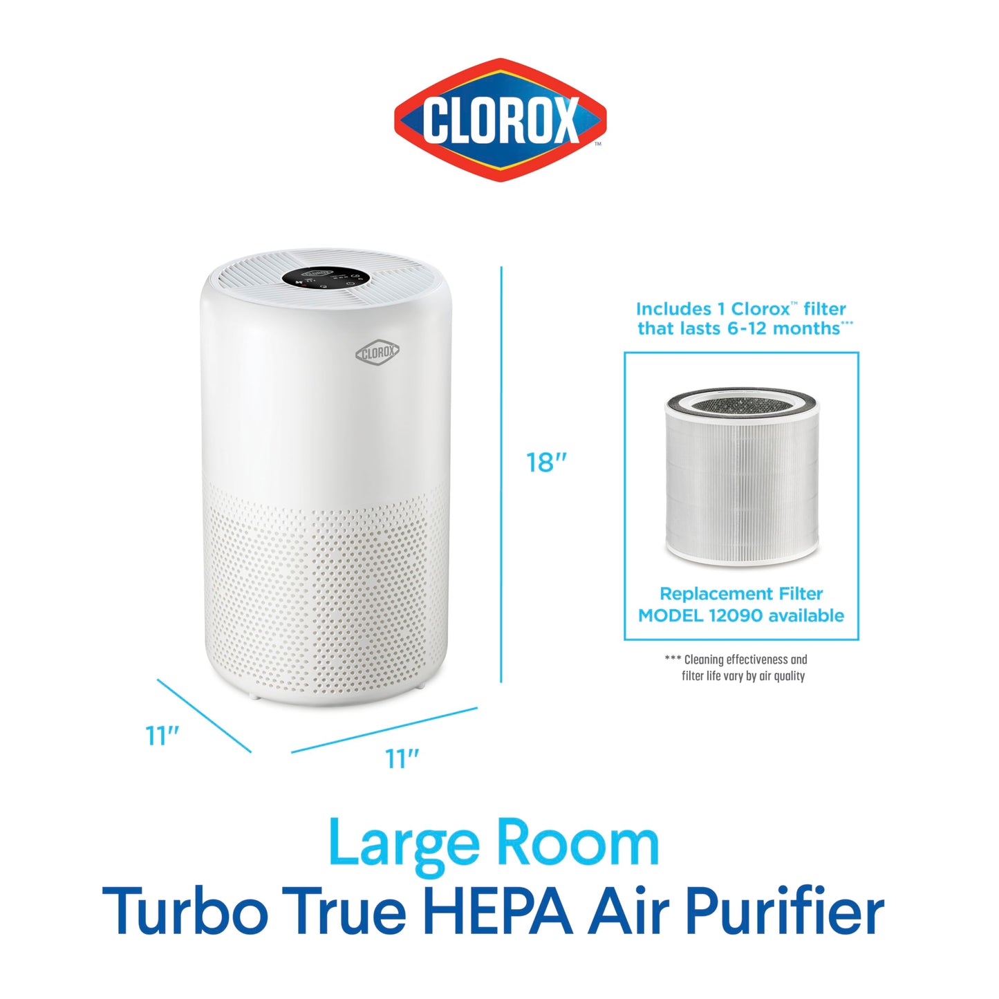 Clorox Turbo Air Purifiers for Home, True HEPA Filter, Quickly Cleans Large Rooms Up to 1,650 Sq Ft, Reduces 99.9% of Mold, Viruses, Wildfire Smoke, Allergens, Pet Allergies, Dust, Whisper Quiet