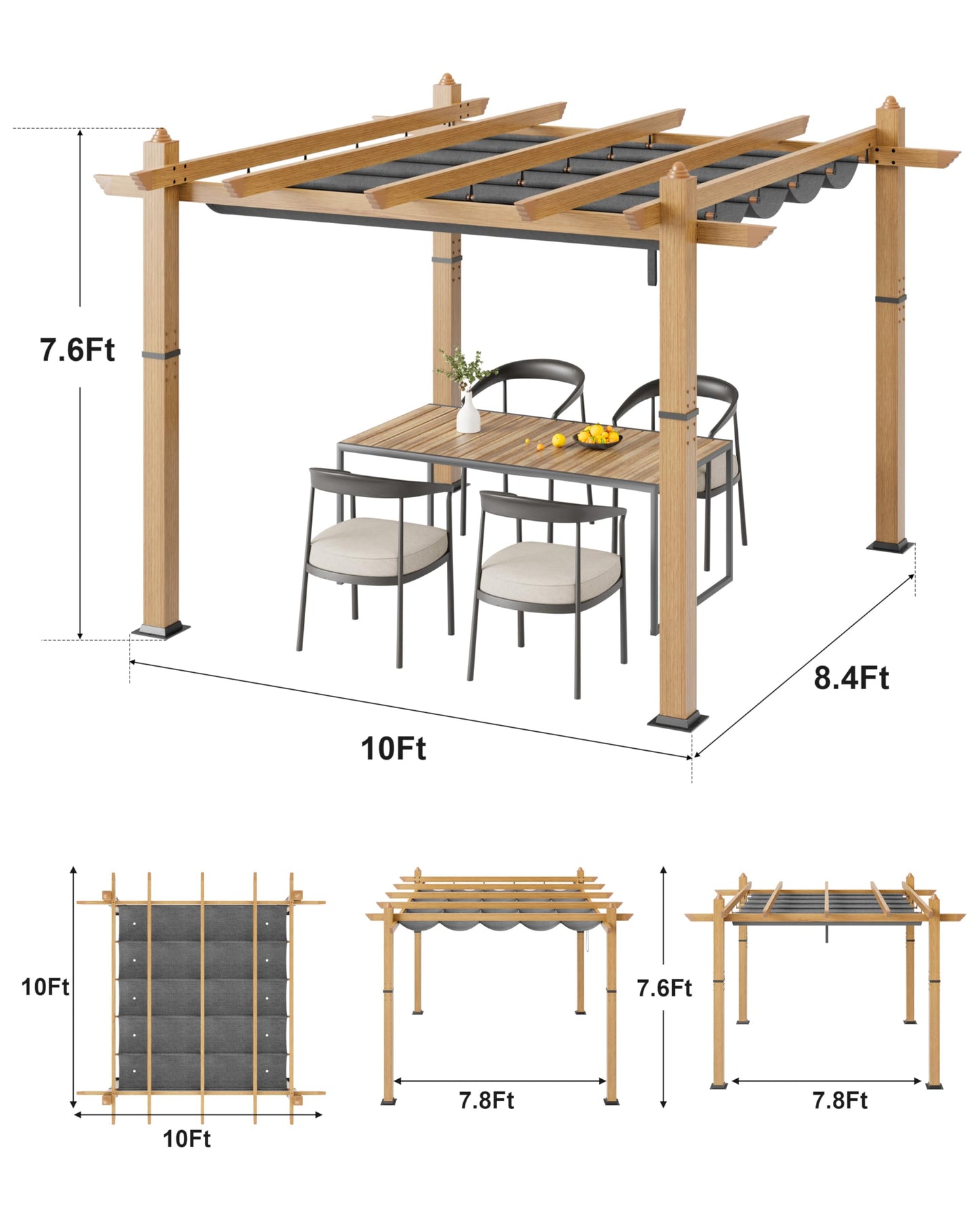 10x10 Ft Outdoor Retractable Pergola with Adjustable Roof Modern Metal Patio Gazebo, Upgraded Faux Wood Grain Aluminum Pergola for Deck, Backyard Gardens, Porches, Grapevines, Grey
