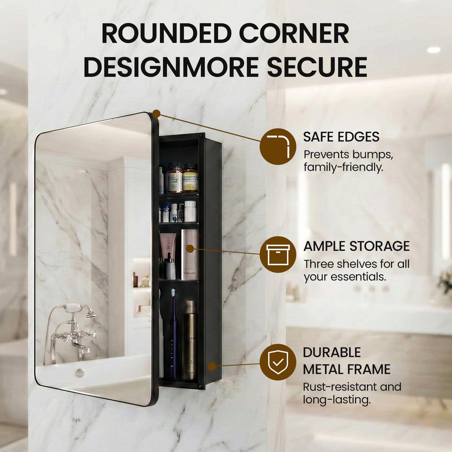 MemoCastle Medicine Cabinet with Mirror, 20x30 Inch Aluminum Bathroom Cabinet with Adjustable Shelves, Built-in Makeup Storage, Recessed or Surface Mount, Soft Close Hinges, Matte Black