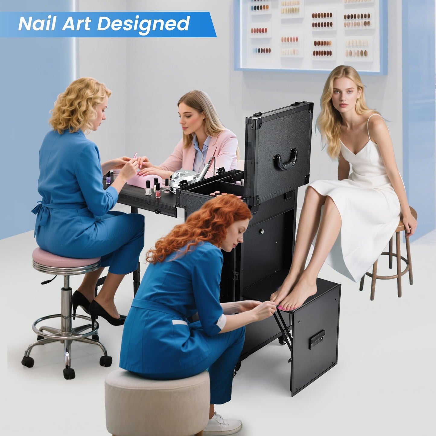 Joligrace Rolling Manicure Table with Pedicure Chair 4 Drawers Rolling Makeup Case Foldable Nail Desk Cosmetology Case on Wheels Brush Pouch Mirror Nail Kits Technician Workstation Artist Trolley
