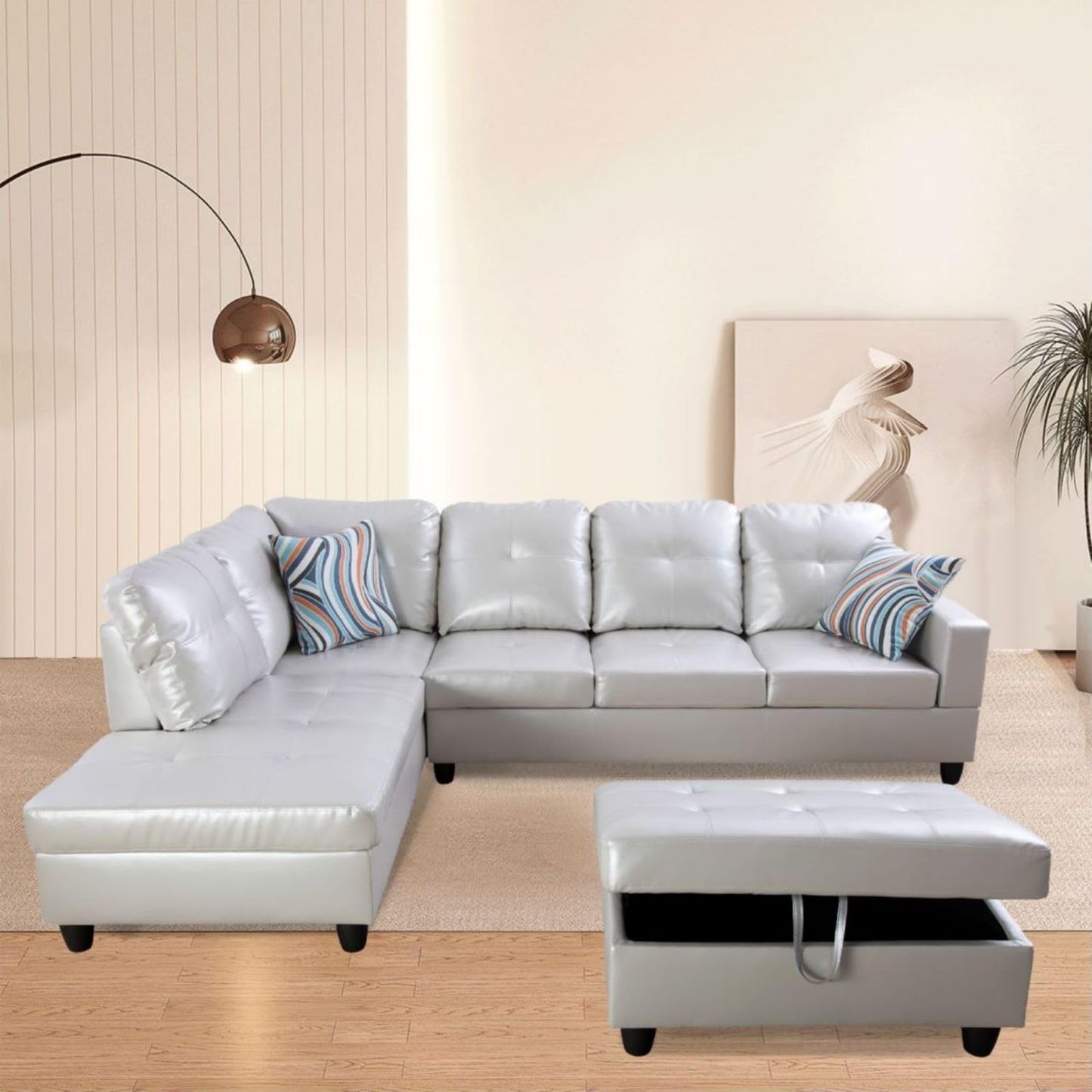 UOCFYK L-Shaped 3-Piece Semi PU Synthetic Leather Sofa with Storage Ottoman Set, Sectional Couch Sofa Set for Living Room, Office, Small Space, Grey