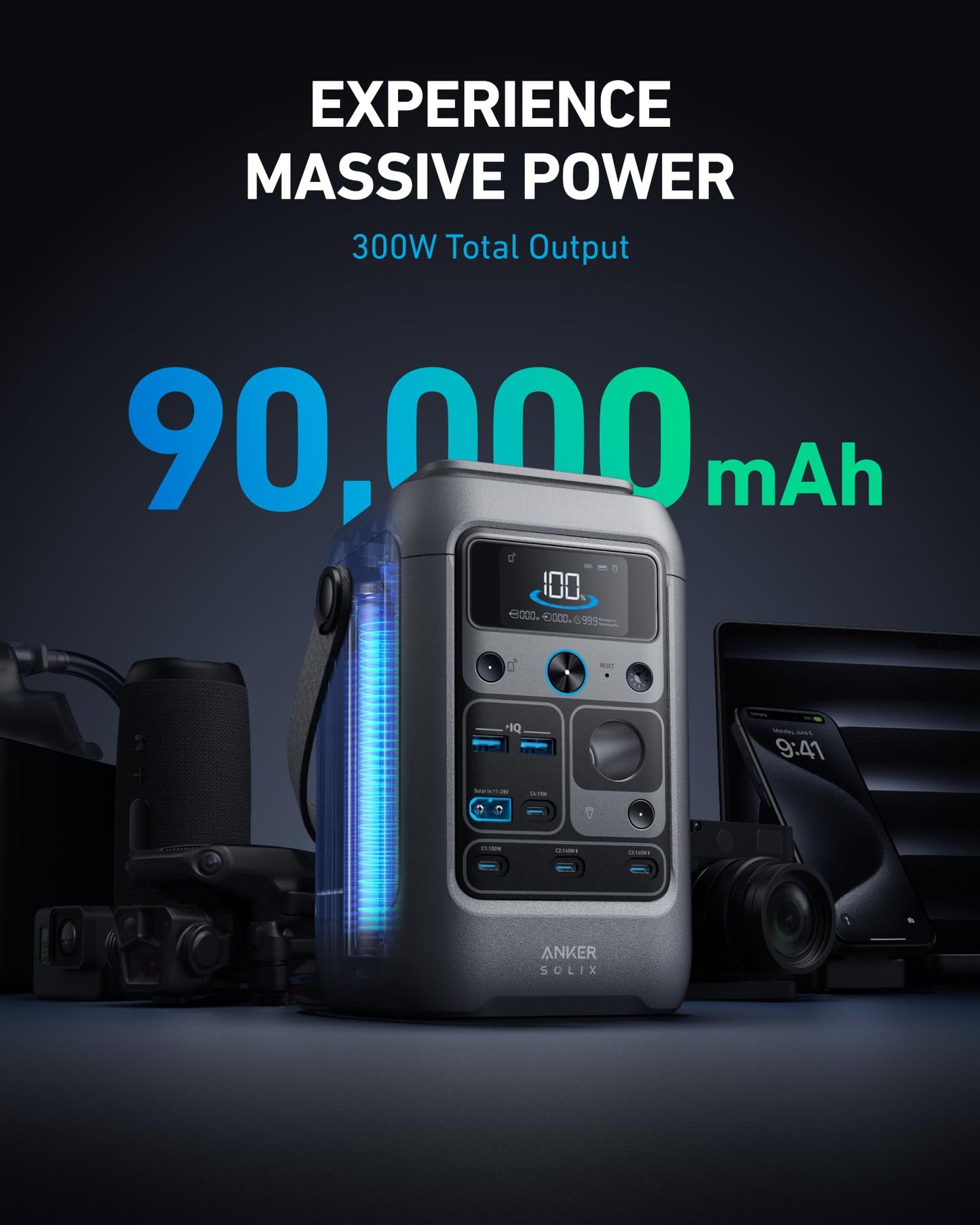 Anker SOLIX C300 DC Power Bank Station, Outdoor 288Wh Portable Power Station, LiFePO4 Battery, 300W Solar Generator, for Camping, Traveling, and Emergencies (No Wall Charger Included)