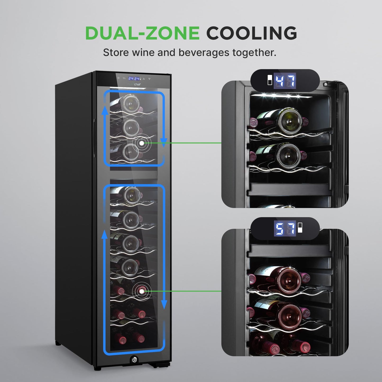 Nutrichef 27 Bottle Wine Fridge | Dual Zone Adjustable Temperature Control 41°F to 64°F | Ultra Quiet | Wine Cooler For Home, & Office | FreeStanding 43x11x23 IN | Black