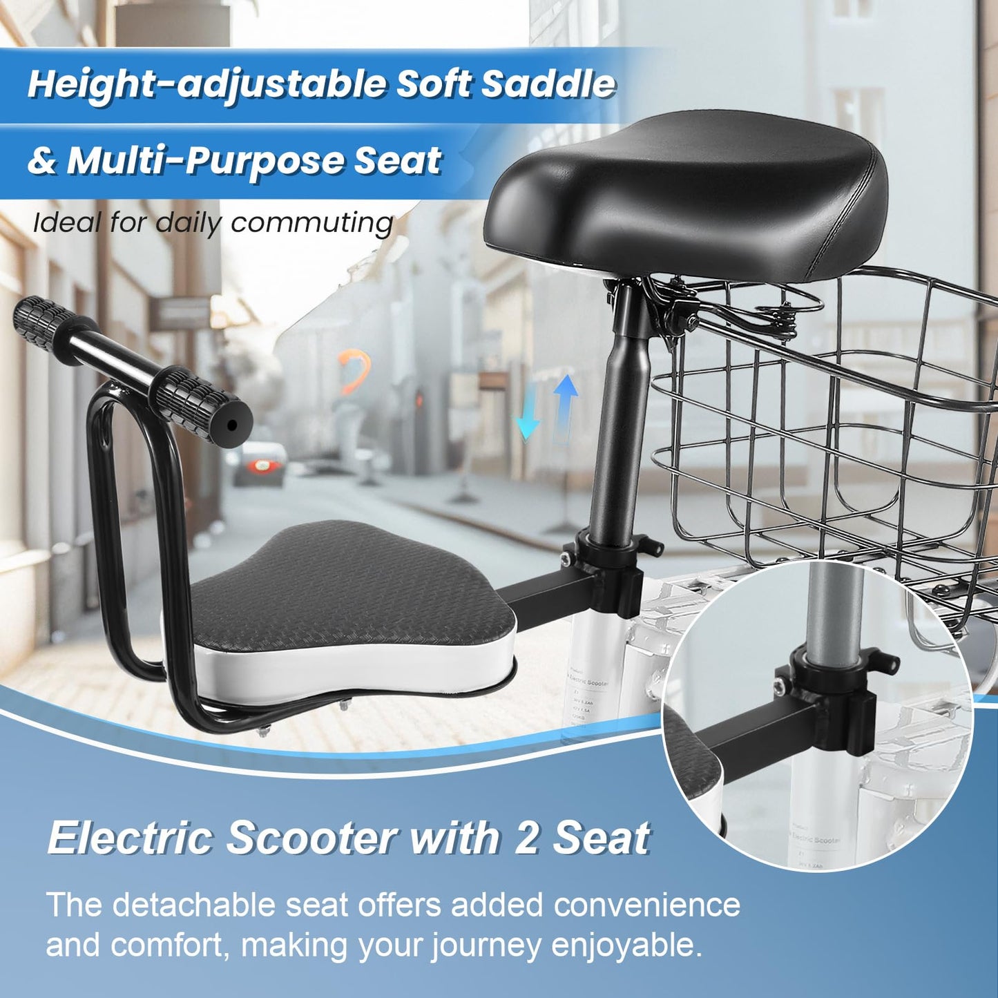 Caroma 1200W Peak Electric Scooter with Seat for Adults, 30 Miles Max Range Electric Scooter for Teens, 20mph Top Speed Foldable Commuter Ebike, Adjustable E-Scooters with Basket