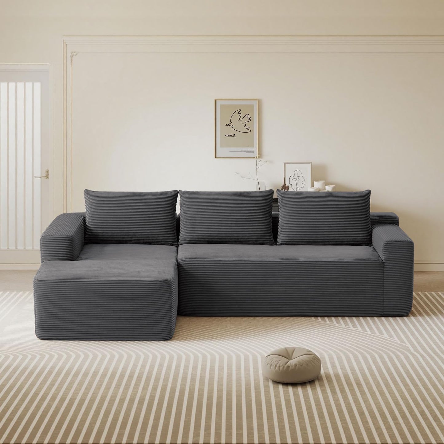 Yafylly 96.9 Inch Boneless L-Shaped Sectional Sofa, No Assembly Compressed Modular Couch with Memory Foam Deep Seat, Throw Pillow & Side Pockets for Living Room, Bedroom, Apartment, Grey Left