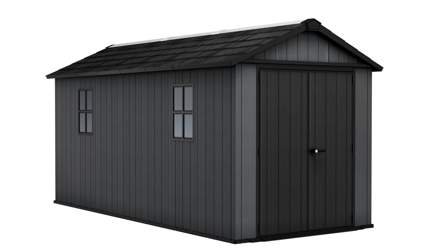 Keter Newton Plus 7.5x15 Ft All-Weather Storage Shed with Skylight, Window, Built-in Ventilation, Customizable Walls, & Lockable Double Doors, Graphite