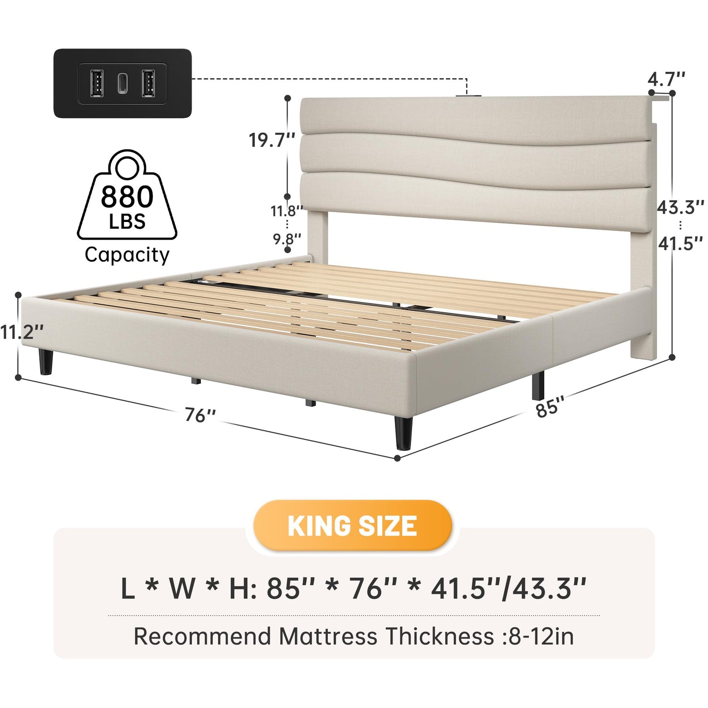 EnHomee King Size Platform Bed Frame with Headboard, Adjustable Height, Wooden Slats,Charging Stations,Noise-Free, No Box Spring Needed,Easy Assembly,Beige