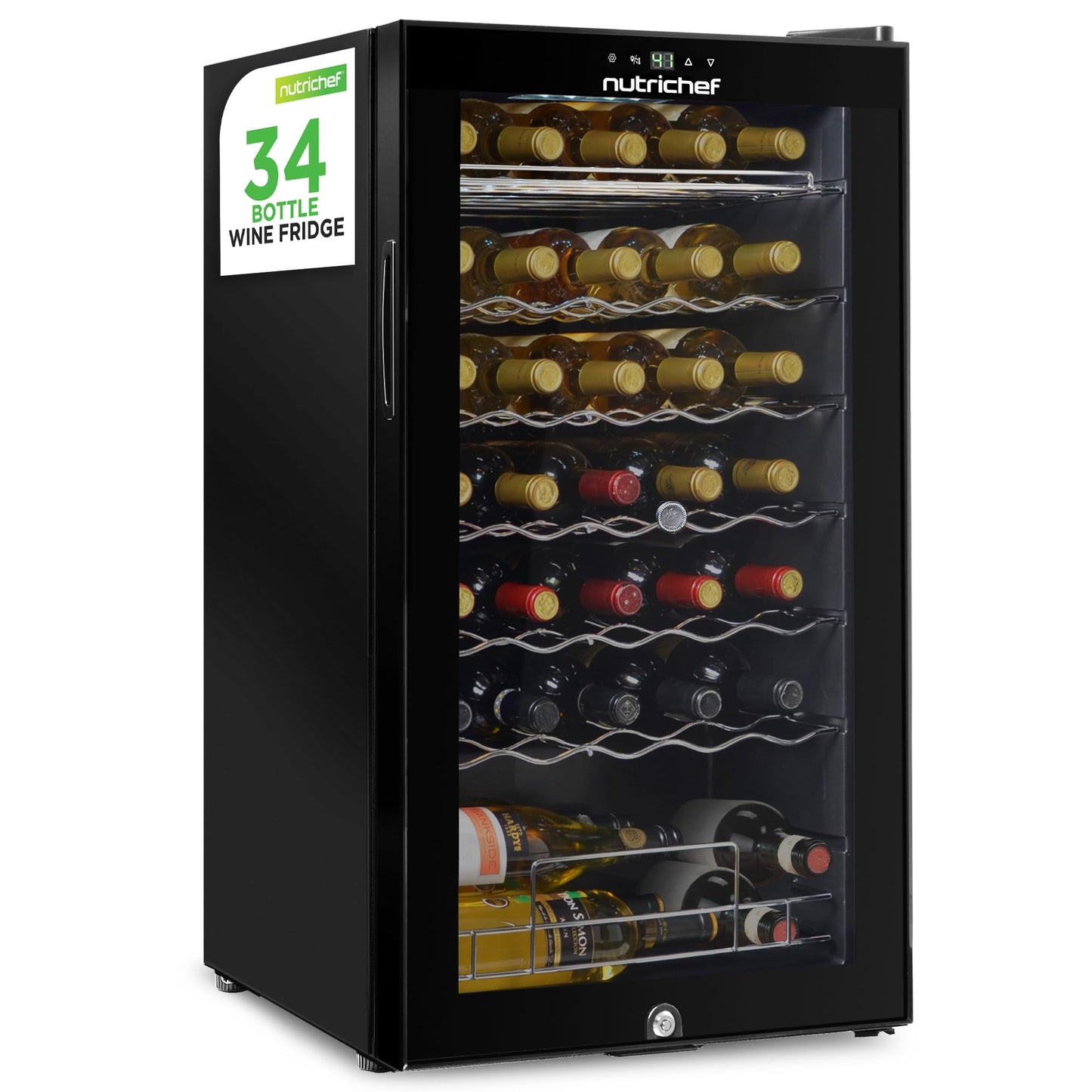 NutriChef PKCWC340 Wine Fridge, 34 Bottle Single Zone Beverage Chiller, 93.5L Capacity, 33x19x17 IN, Black