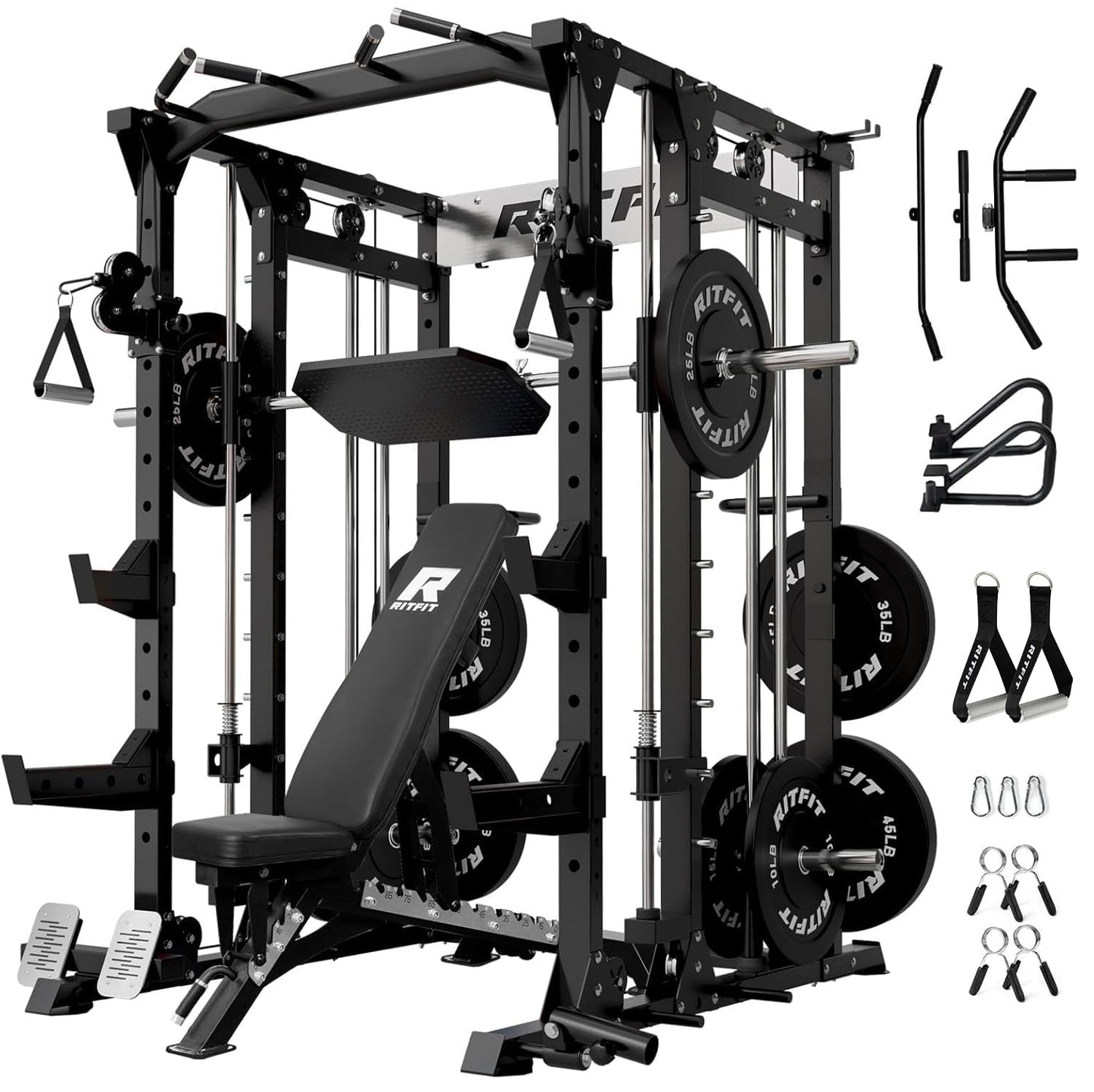 RitFit Buffalo Smith Machine, Power cage with LAT-Pull Down System & Cable Crossover System, All-in-One Squat Rack for Home Gym, Power Rack