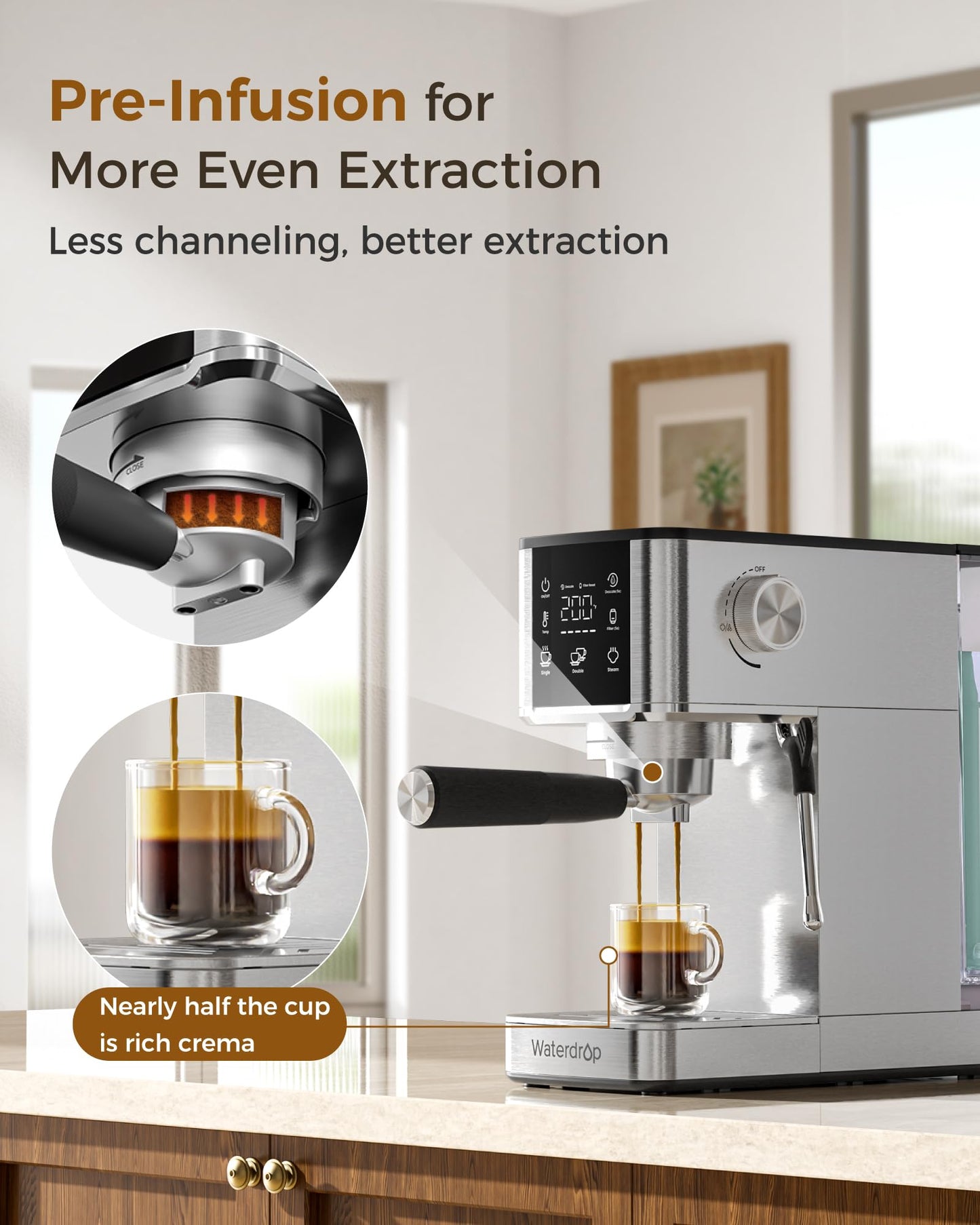 Waterdrop MC-02C Semi-Automatic Espresso Machine, TDS Reduction Preserves Beneficial Minerals, 20 Bar Pressure, Coffee Maker with 40oz Water Tank, Powerful Steam Wand for Lattes, Cappuccinos and More