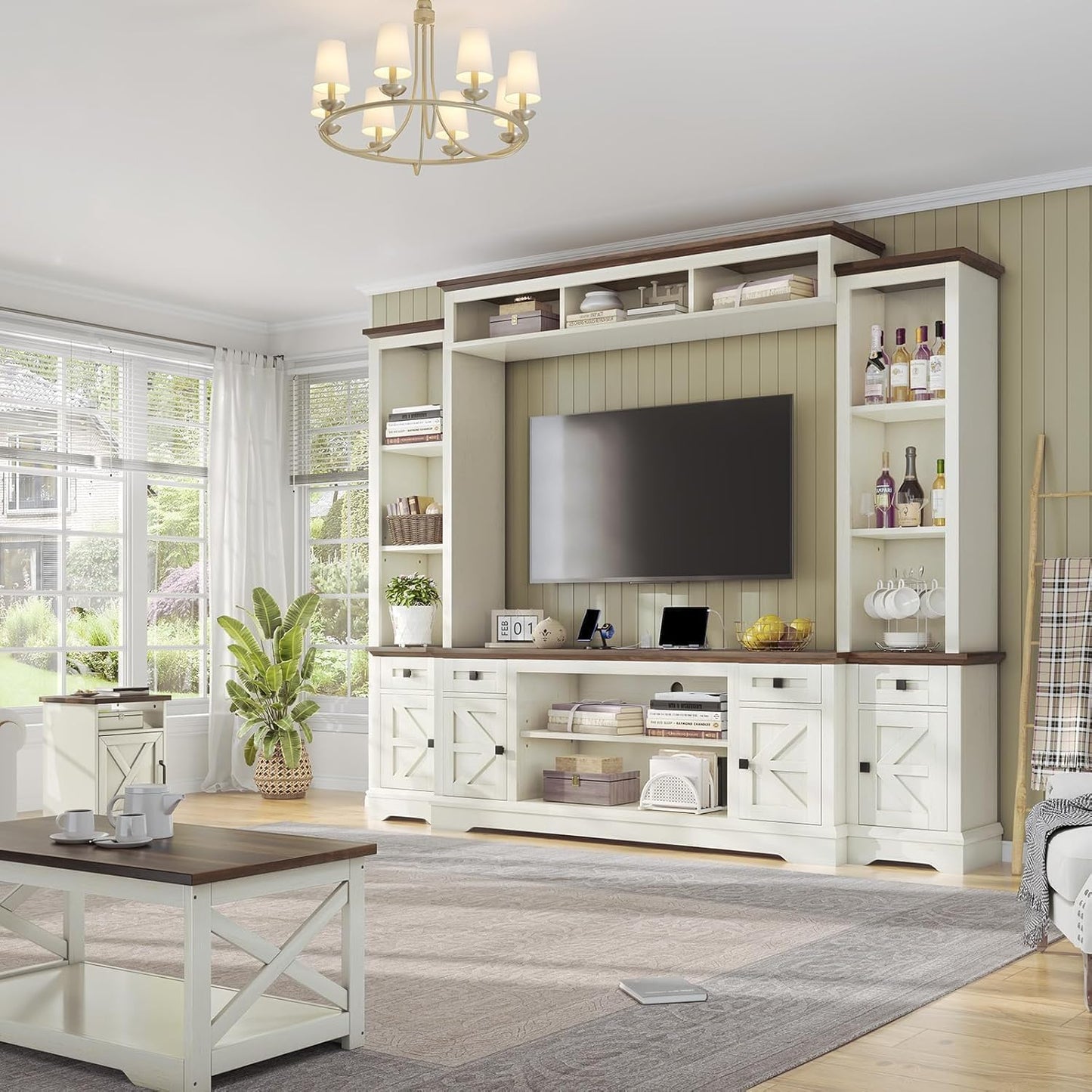 AMERLIFE 98" Farmhouse Wall Unit Entertainment Center with Bookshelves, Wine Cabinet, Fits 75" TVs, Rustic Media Console for Living Room, Large TV Stand with Power Outlets & Barn Door, Off-White
