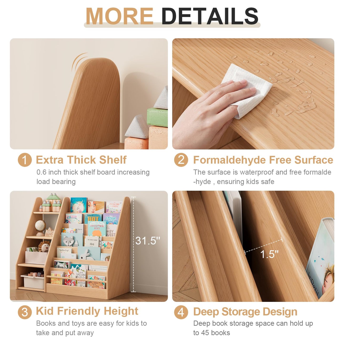 DONGMUWUJEE Solid Wood Kids Bookshelf and Storage Organizer, 7 Layer Children Bookcase, Baby Toddler Wooden Book Shelf, Display Cabinet for Playroom, Bedroom, Classroom, Nursery, School, Natural