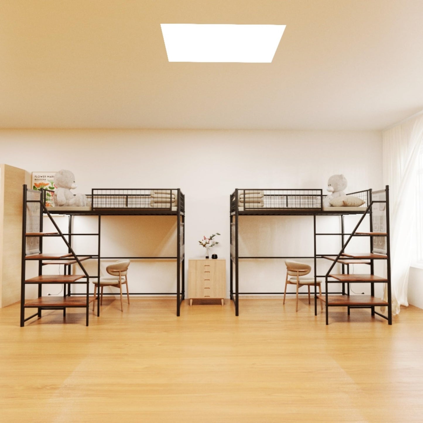 Zylena Twin Size Metal Loft Bed with Stairs, Black