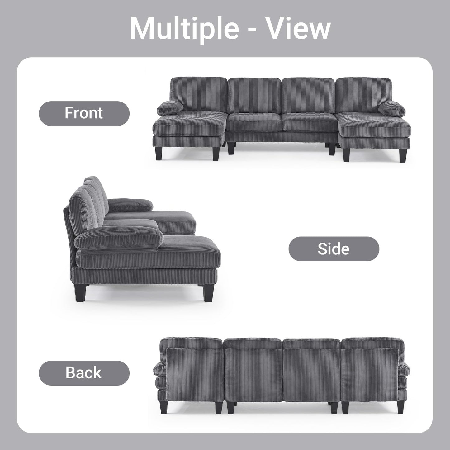 VINGLI 110" Sectional Couches for Living Room,U Shaped Couch with Double Chaise, 4-Seat Sofa Set with Corduroy Fabric for Home Furniture,Grey