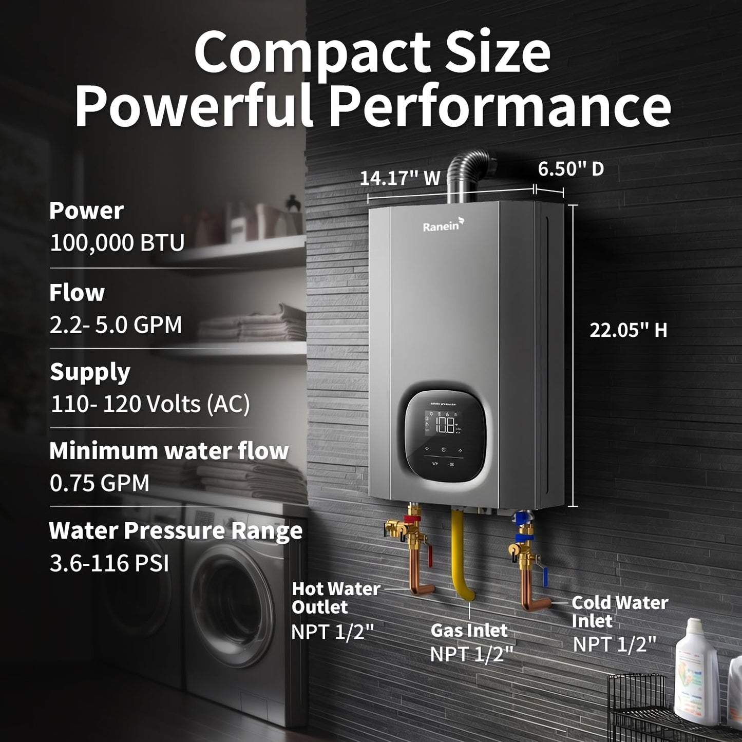 Ranein Natural Gas Tankless Water Heater, Indoor Max 4.3 GPM, 100,000 BTU Instant Hot Water Heater