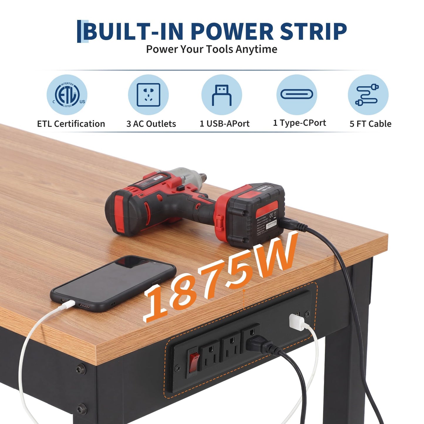 48" Workbench for Garage,2200 lbs Capacity, Adjustable 29.5"-37",4 Wheels