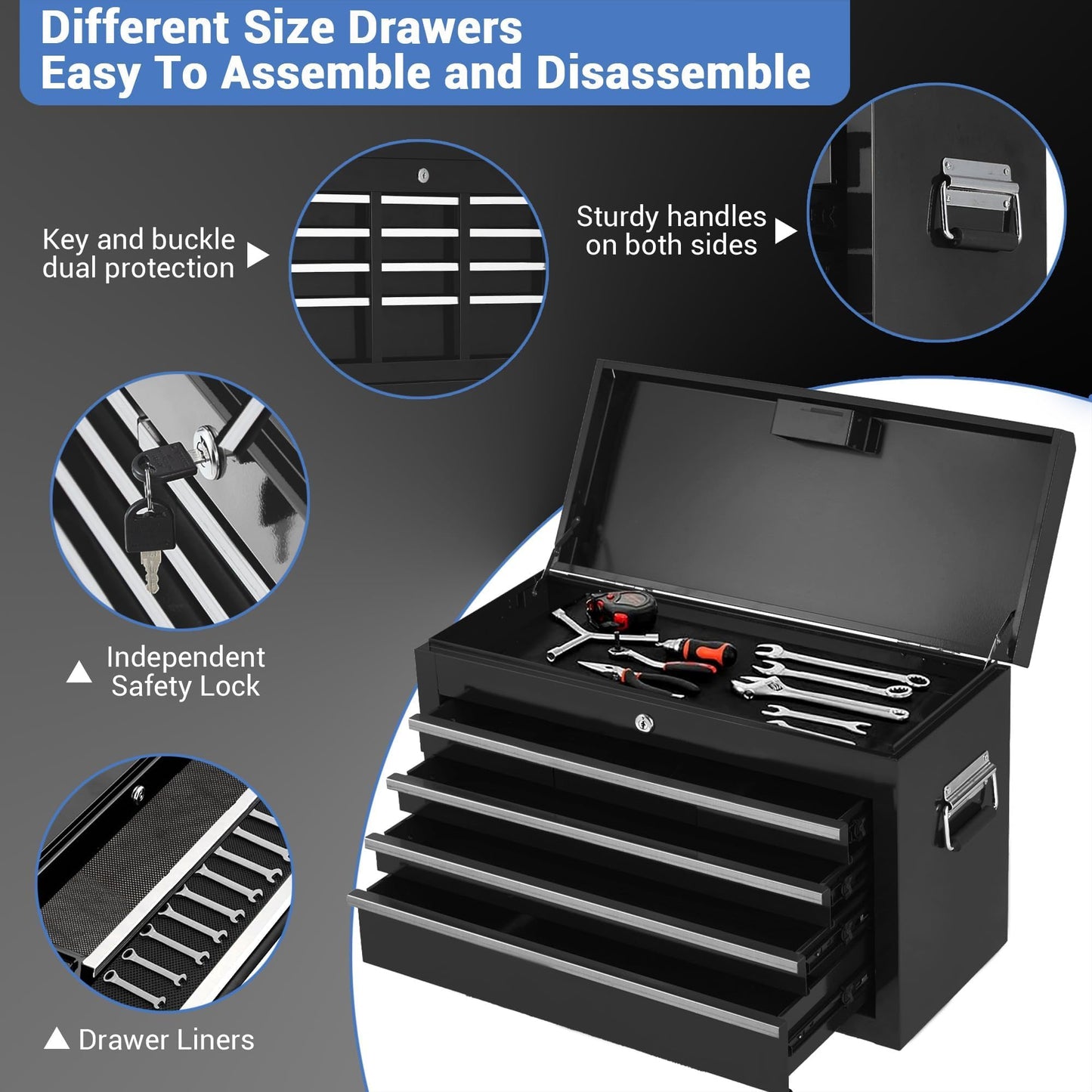 5-Drawer Rolling Tool Chest with Wheels and Locking System, Portable Tool Cabinet for Garage, Workshop, Mechanic, Heavy Duty Tool Box with Drawers, Detachable Storage for Home and Shop, Black