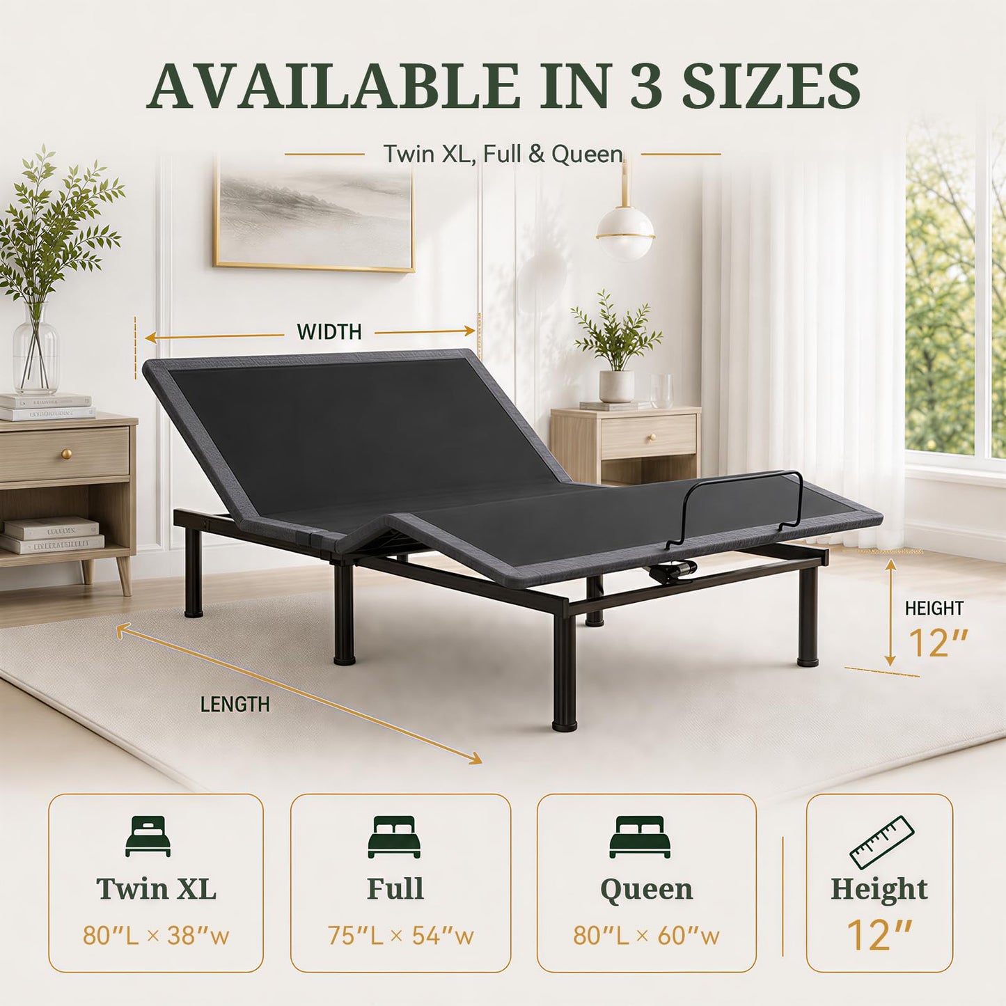 Queen Adjustable Bed Frame, Ergonomic Adjustable Bed Base with Wireless Remote and USB Ports, Independent Head and Foot Incline, Zero Gravity,Under-Bed Nightlight