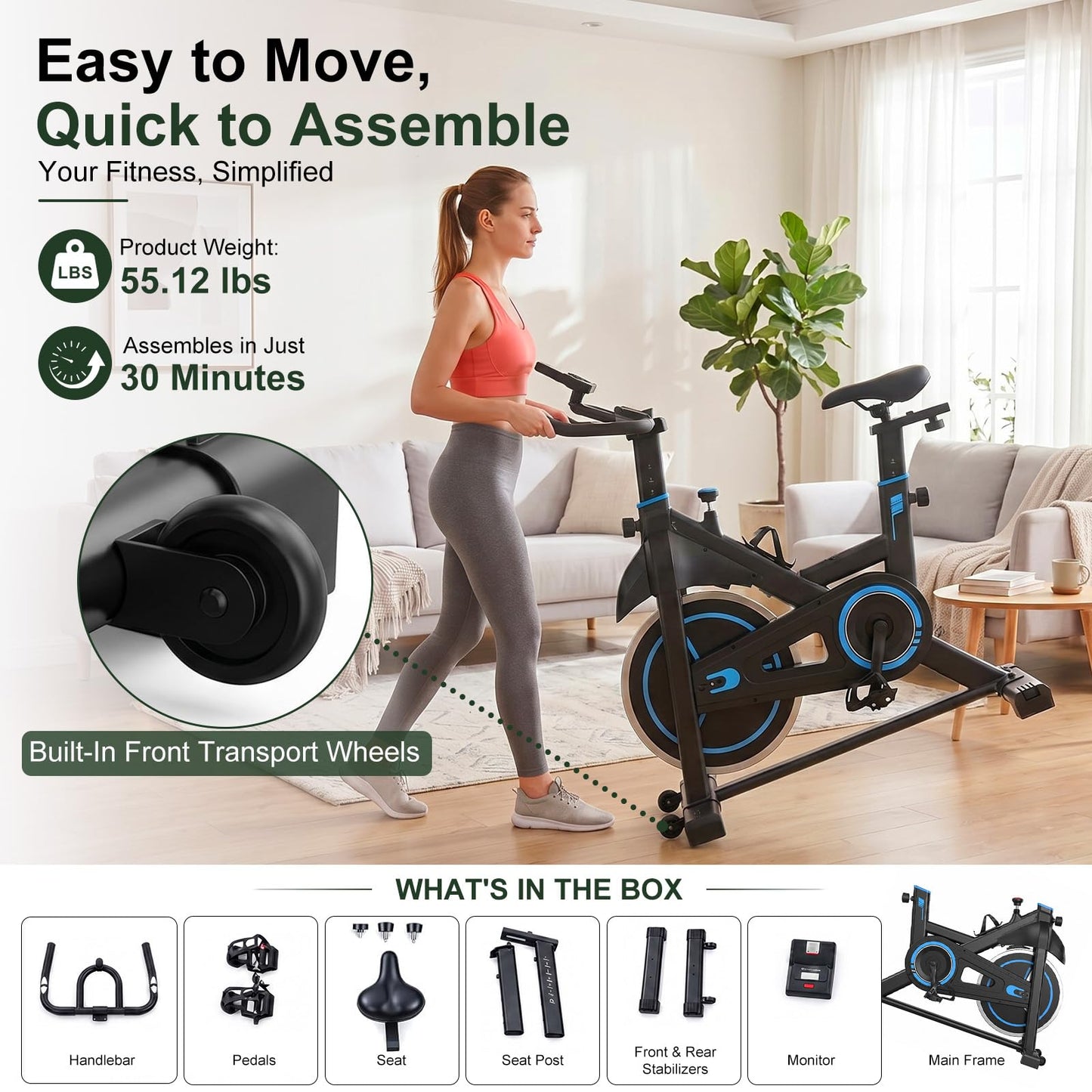 Exercise Bike with APP, Stationary Bike for Home, Workout Bike for Adults & Seniors, Indoor Cycling Bike with Adjustable Resistance, Low Noise, Easy Assembly, 265LB Weight Capacity, Black&Blue
