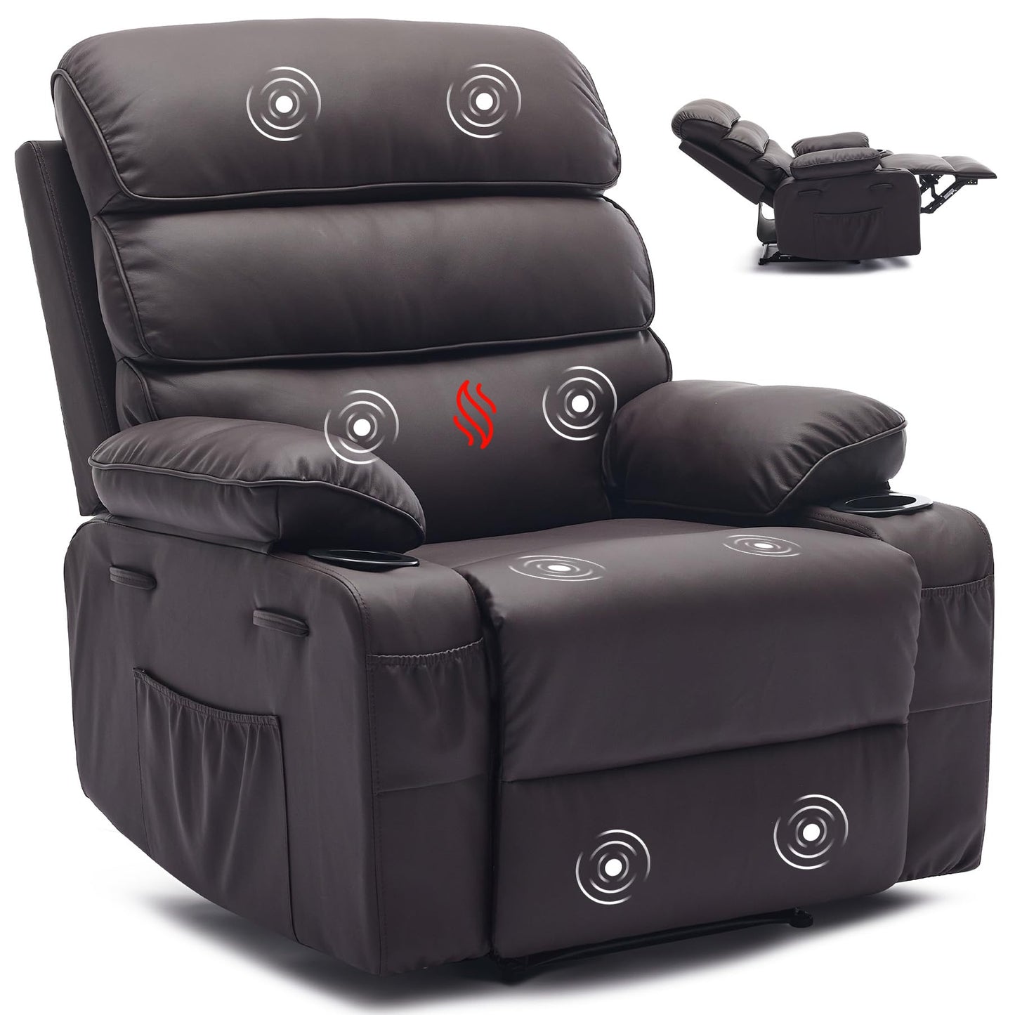 Garvee PU Leather Manual Recliner Chair with Massage and Heat, 27" Extra Wide Seat, 400 lbs Capacity, Thickened Sponge Armrests and Back, Cup Holders & Side Pocket, Living Room or Bedroom, Dark Brown
