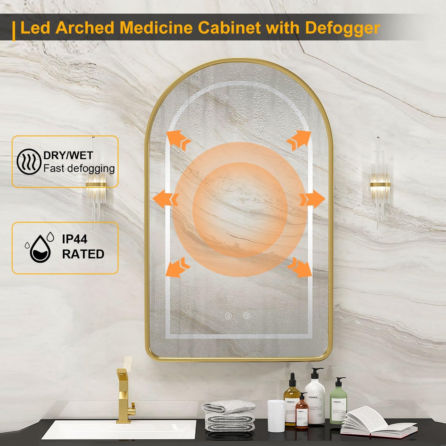 Mepplzian Lighted Arched Medicine Cabinet with LED Mirror - 20x31 Inch Recessed Bathroom Storage, Gold Arched Wall Mounted Mirror Cabinet, Arch Medicine Cabinet with Lights,Anti-Fog