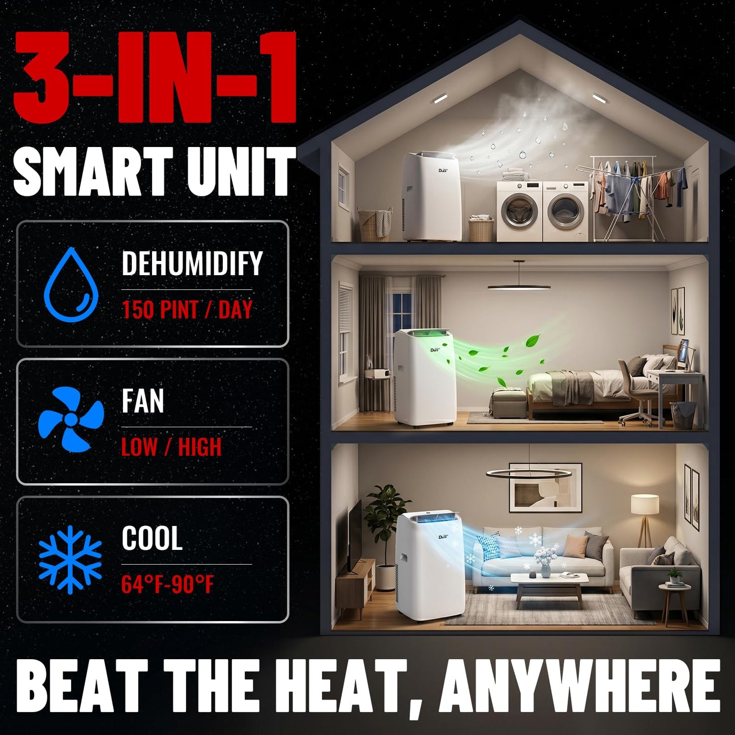 DuraComfort 14,000 BTU Portable Air Conditioner for Rooms up to 700 Sq.Ft, 3-in-1 Portable AC Unit with Cooling, Fan & Dehumidifier, Remote Control and Window Installation Kit