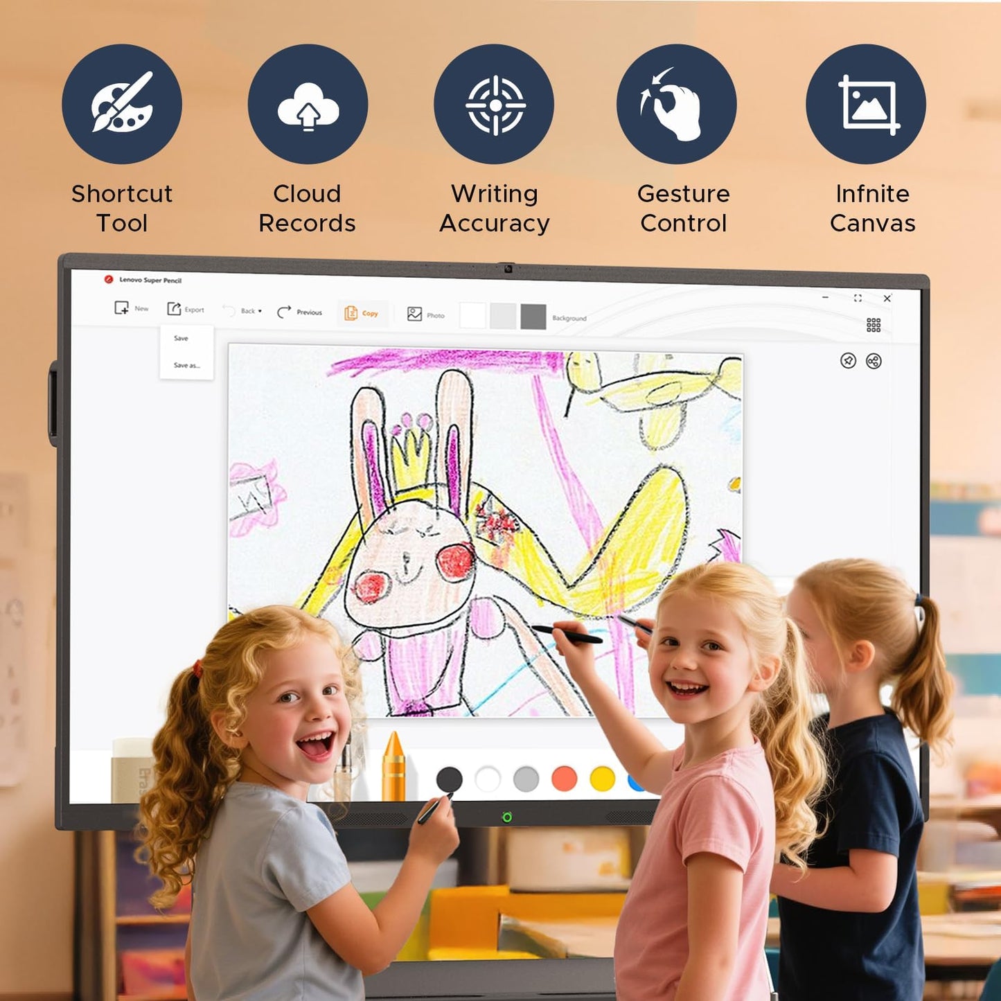 Zylosian 65'' 4K UHD Interactive Touchscreen Smart Board, Android 14 Wireless Digital Whiteboard with Open App Ecosystem, Wall-Mounted Smartboard for Classroom Home Office Studio