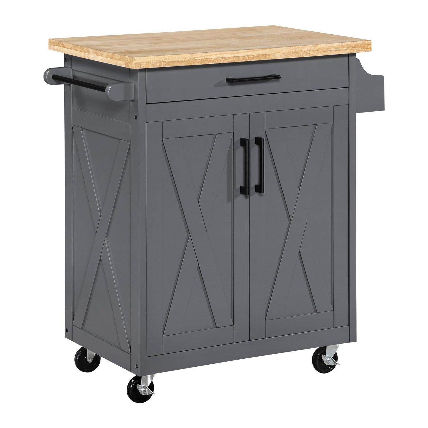 OSP Home Furnishings Bolten Farmhouse Kitchen Cart with Butcher Block Top, Rolling Island with Storage Cabinet and Drawer, 35.5H x 32W x 19D inches, Grey